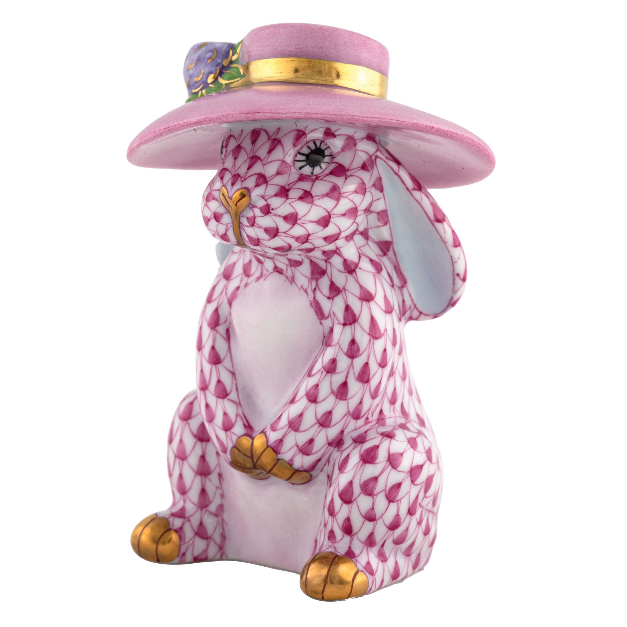 Hand-painted Herend Derby Bunny Figurine in Raspberry fishnet porcelain on a white background