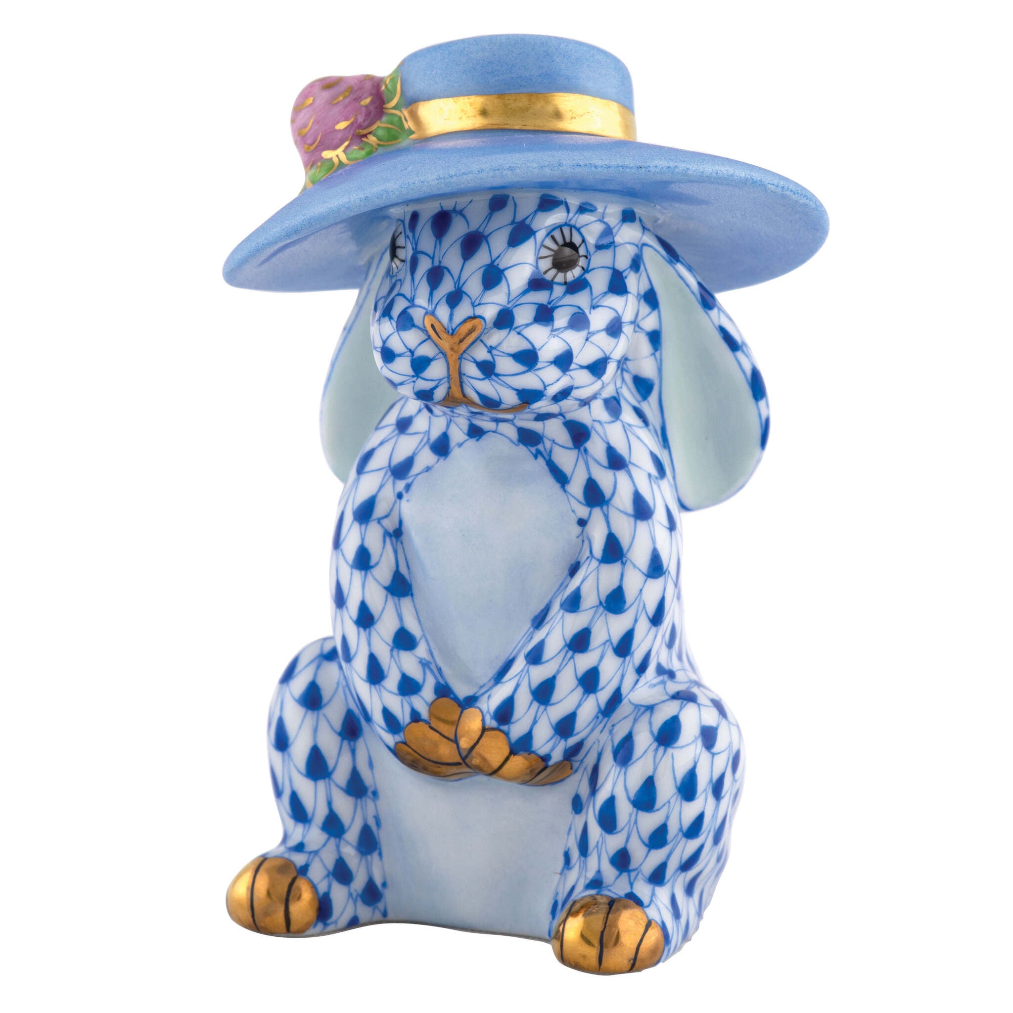 Hand-painted Herend Derby Bunny Figurine in Sapphire fishnet porcelain on a white background