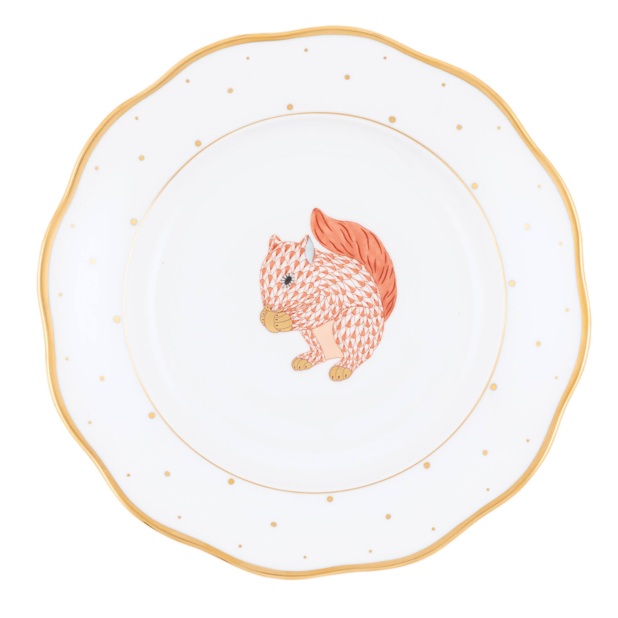 Hand-painted Herend Dessert Plate - Squirrel in fine porcelain, 8.25in D, on a white background