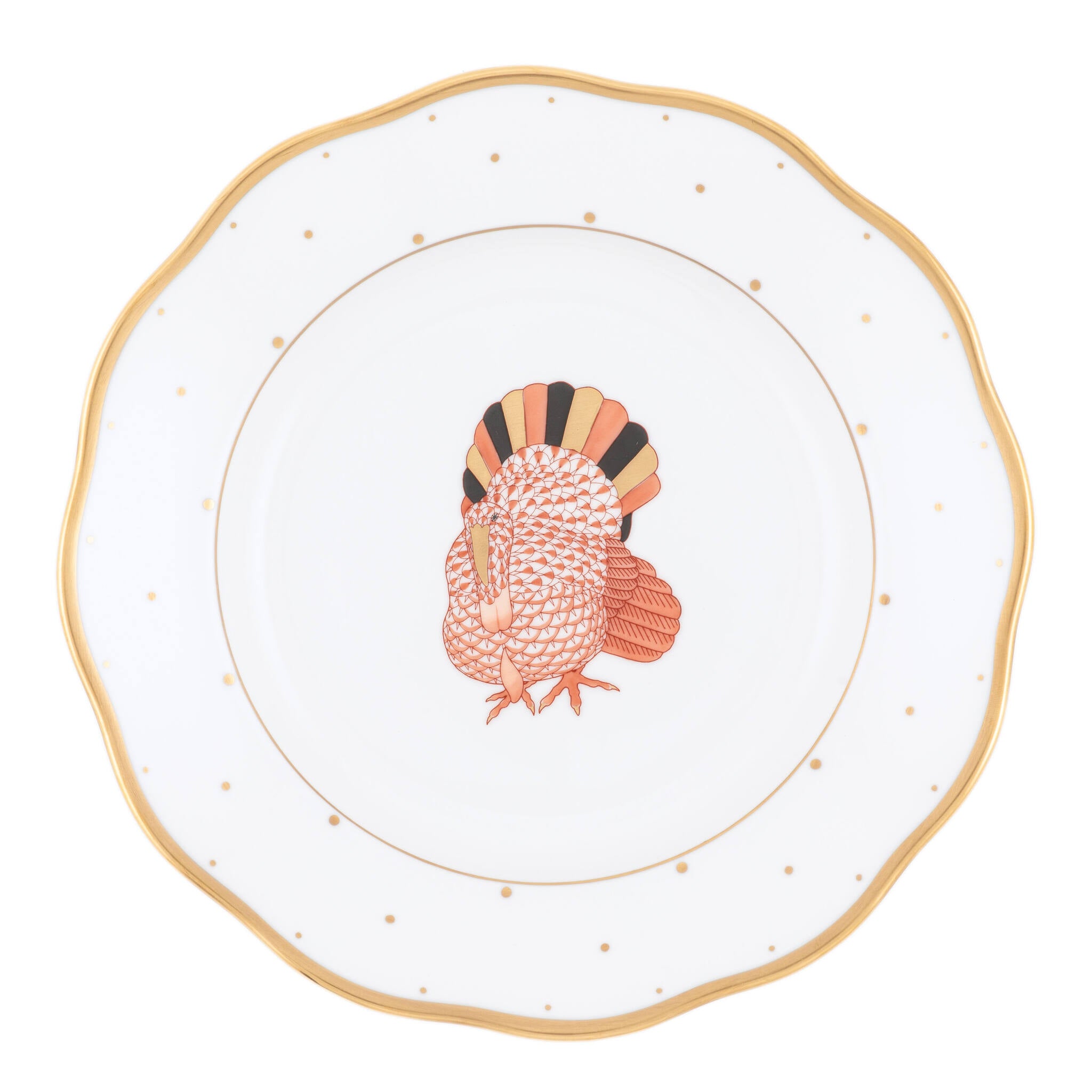 Hand-painted Herend Dessert Plate - Turkey in fine porcelain, 8.25in D, on a white background