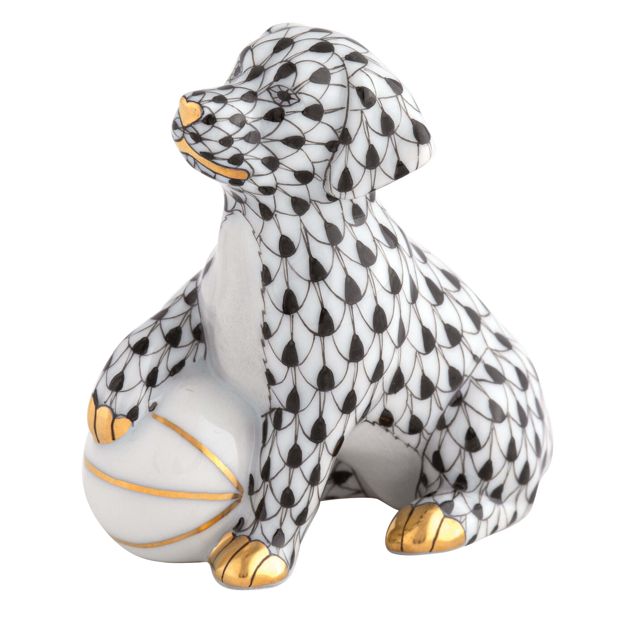 Herend Dog with Ball Figurine porcelain figurine painted in the Black fishnet pattern