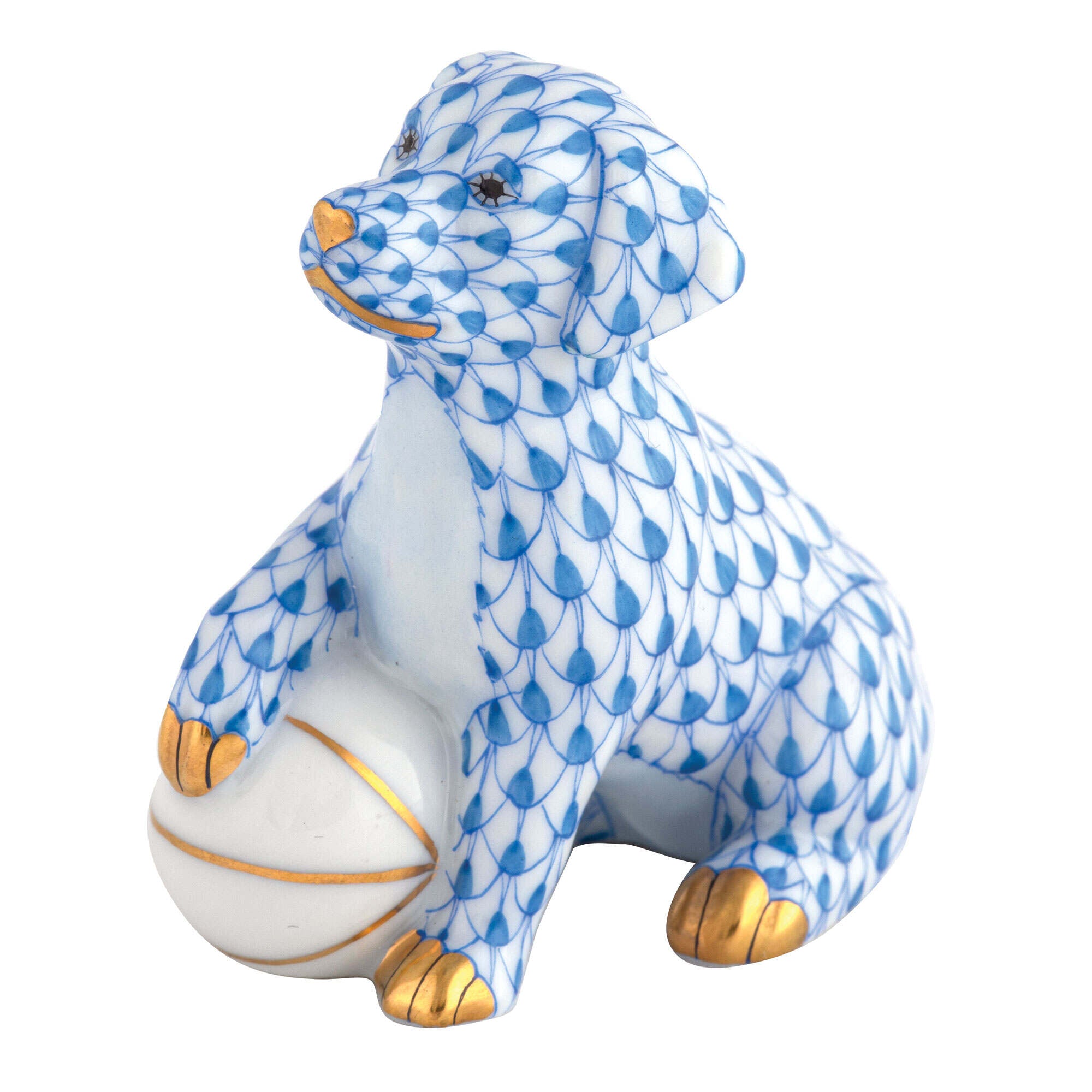 Blue fishnet Dog with Ball Figurine figurine, hand-painted Herend porcelain with 24k gold accents
