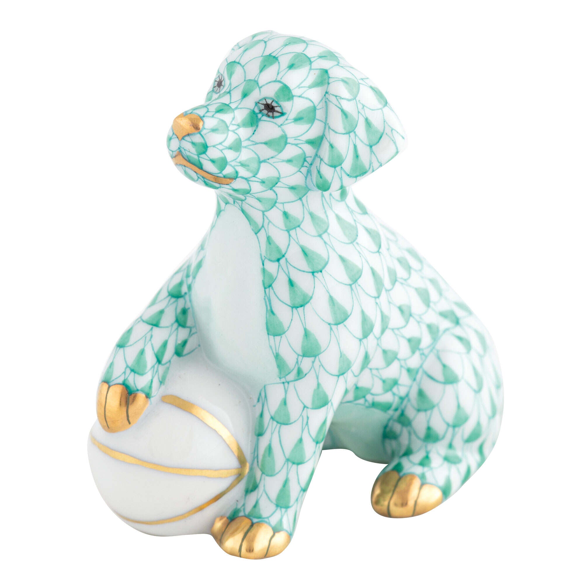Herend Dog with Ball Figurine porcelain figurine painted in the Green fishnet pattern