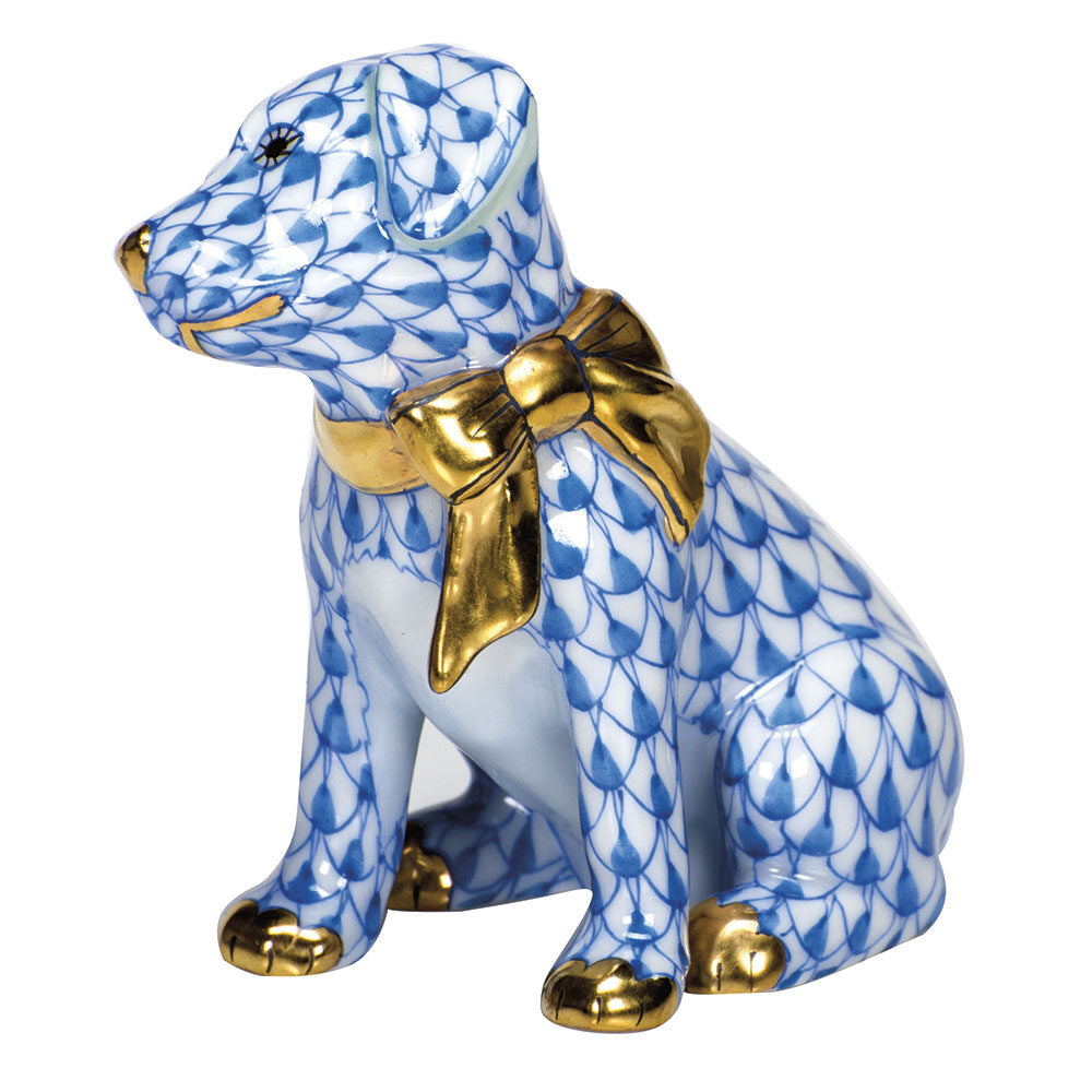Hand-painted Herend Doggie Dazzle Figurine in Blue fishnet porcelain on a white background