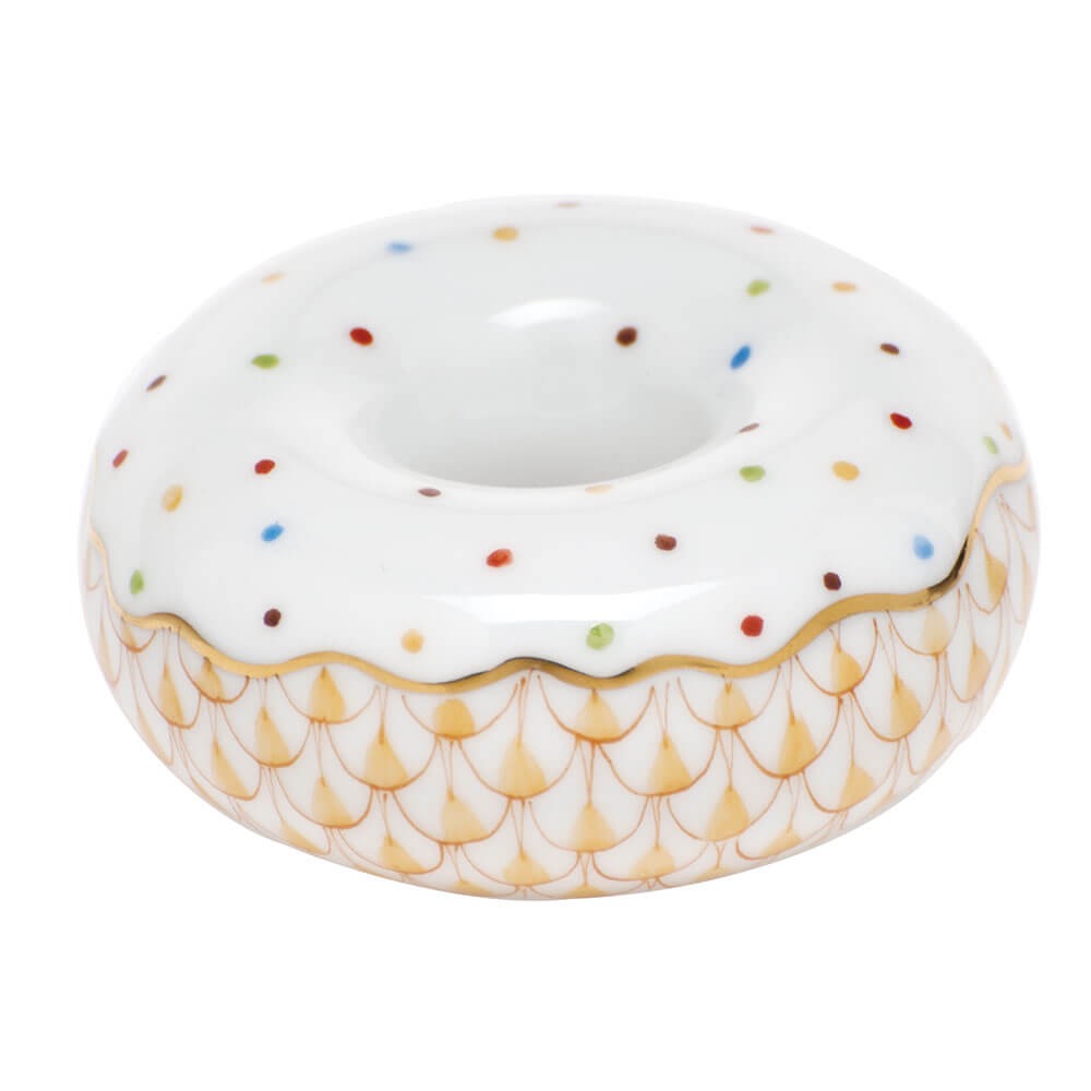 Hand-painted Herend Donut Figurine in Butterscotch fishnet porcelain on a white background