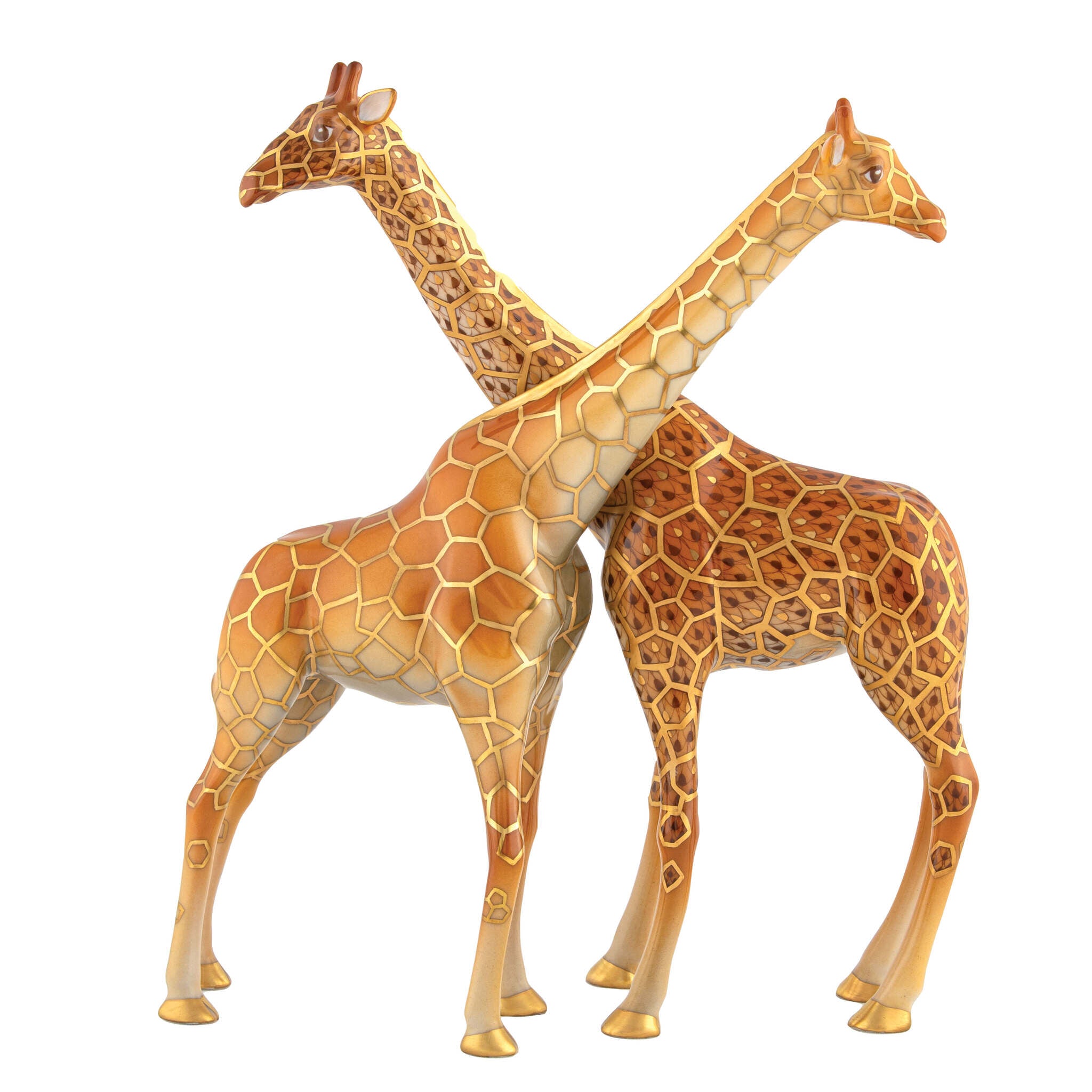 Hand-painted Herend Double Giraffes Figurine in fine porcelain, 8.25in L X 3in W X 9.5in H, on a white background