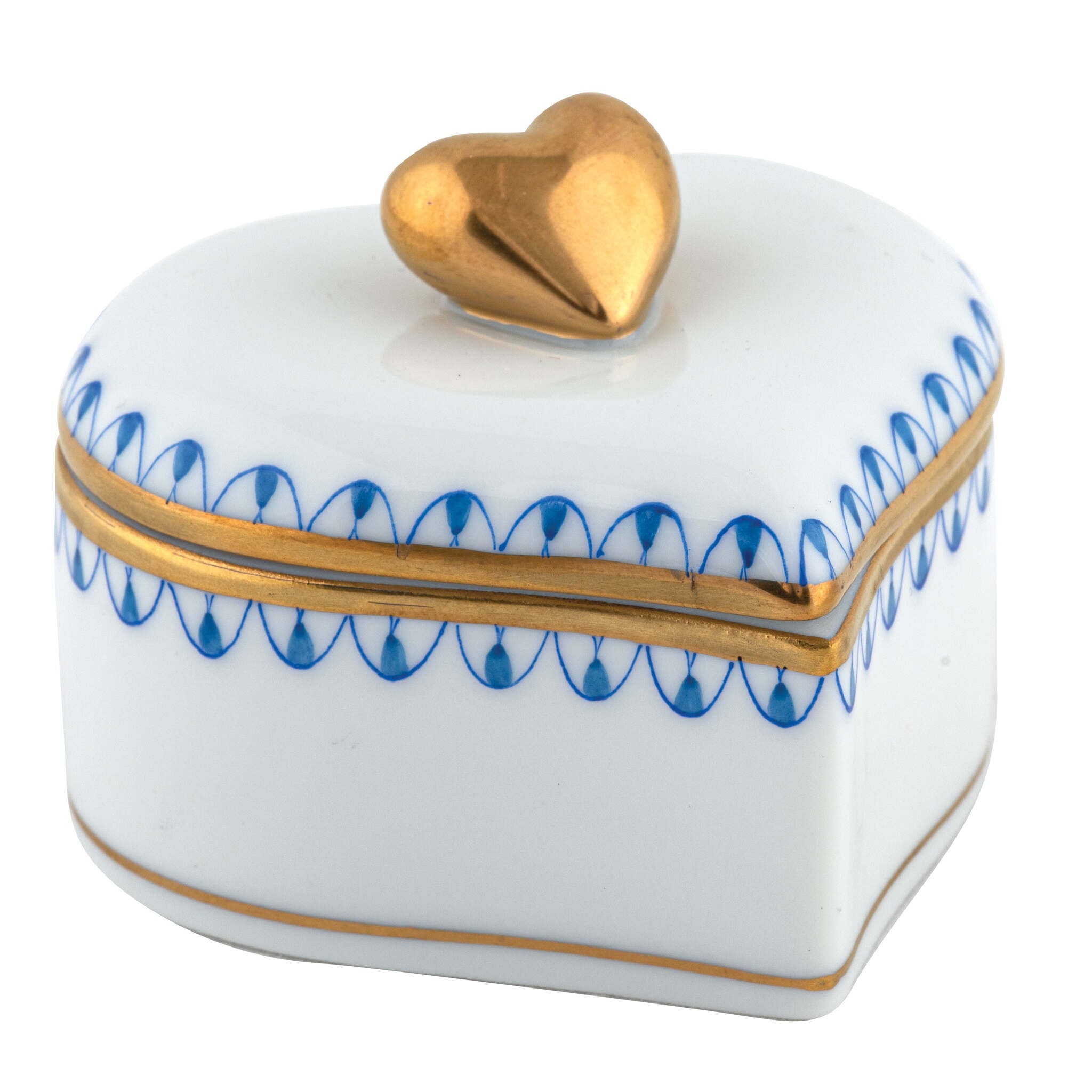Blue fishnet Double Heart Box figurine, hand-painted Herend porcelain with 24k gold accents