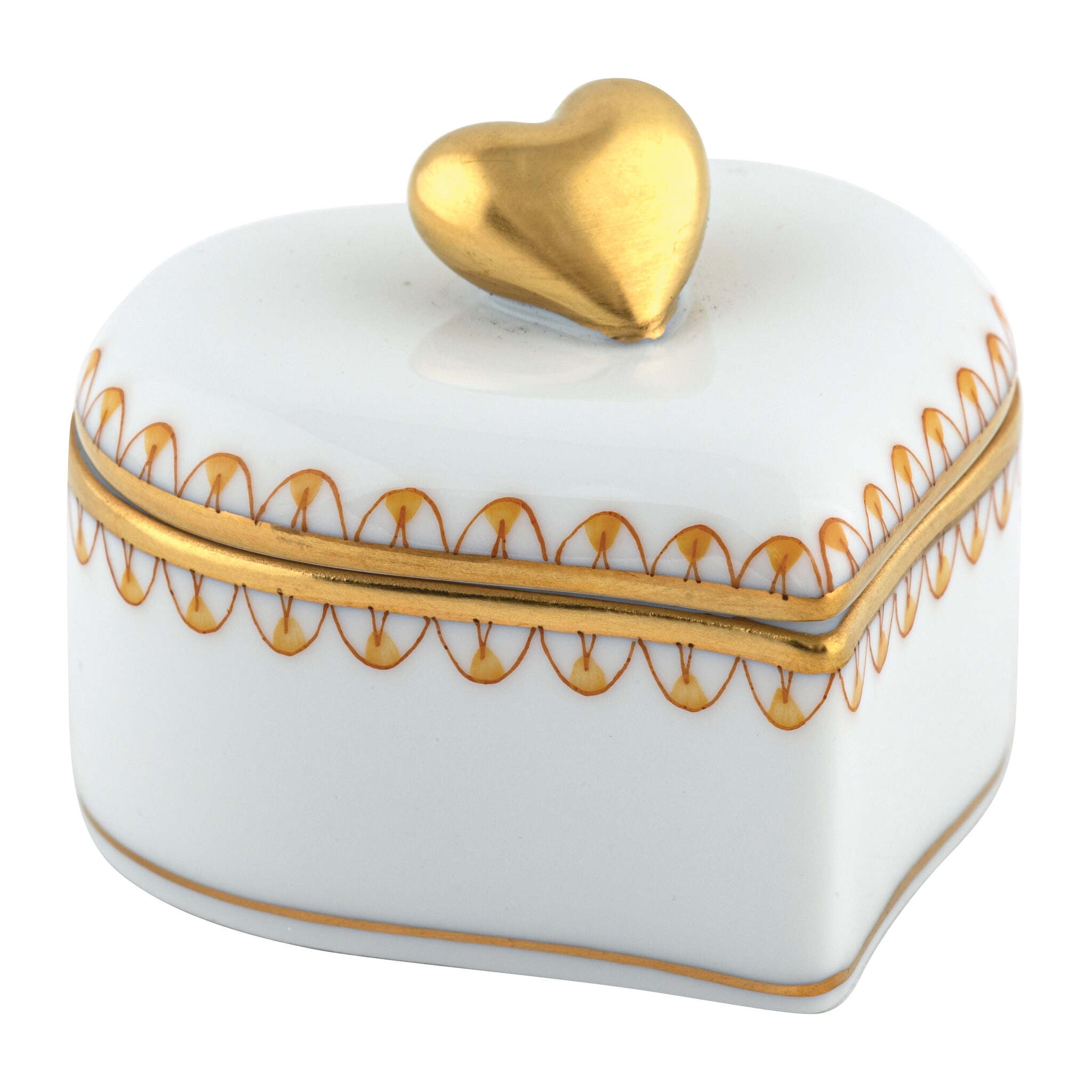 Hand-painted Herend Double Heart Box in Butterscotch fishnet porcelain on a white background