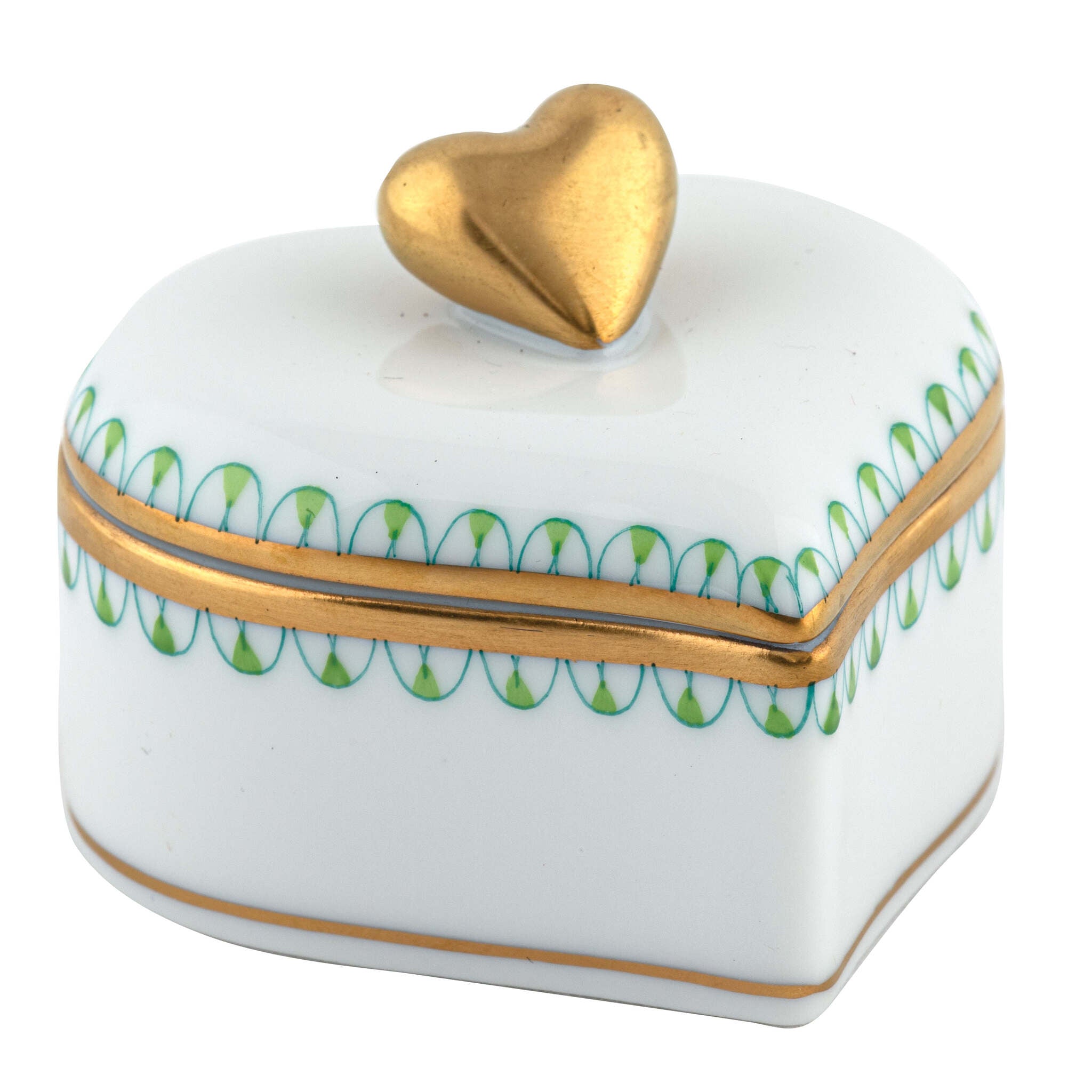 Key Lime fishnet Double Heart Box figurine, hand-painted Herend porcelain with 24k gold accents