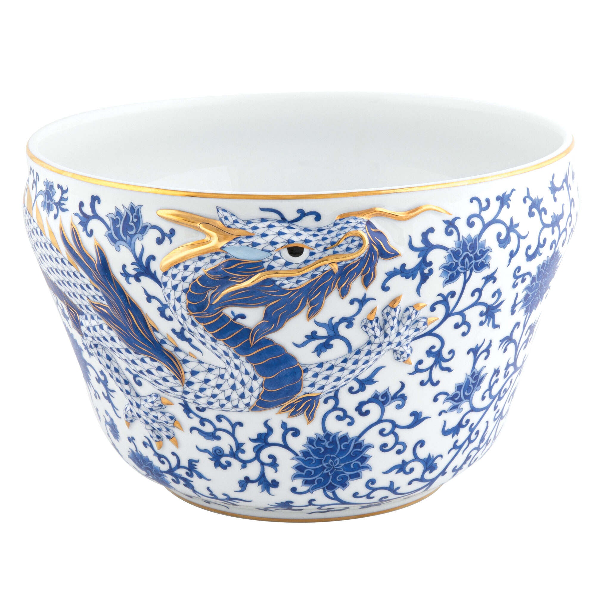 Hand-painted Herend Dragon Cachepot in fine porcelain, 9.5in D X 6.25in H, on a white background