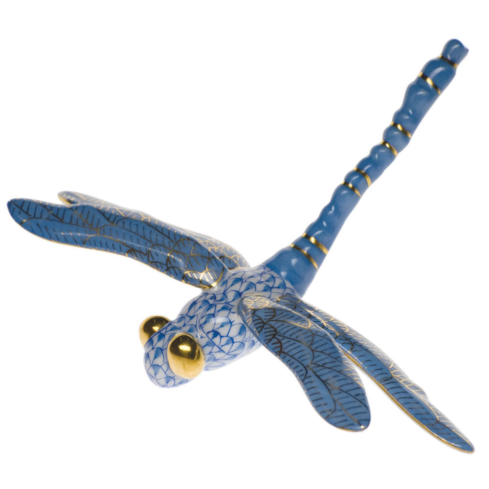 Hand-painted Herend Dragonfly Figurine in Blue fishnet porcelain on a white background