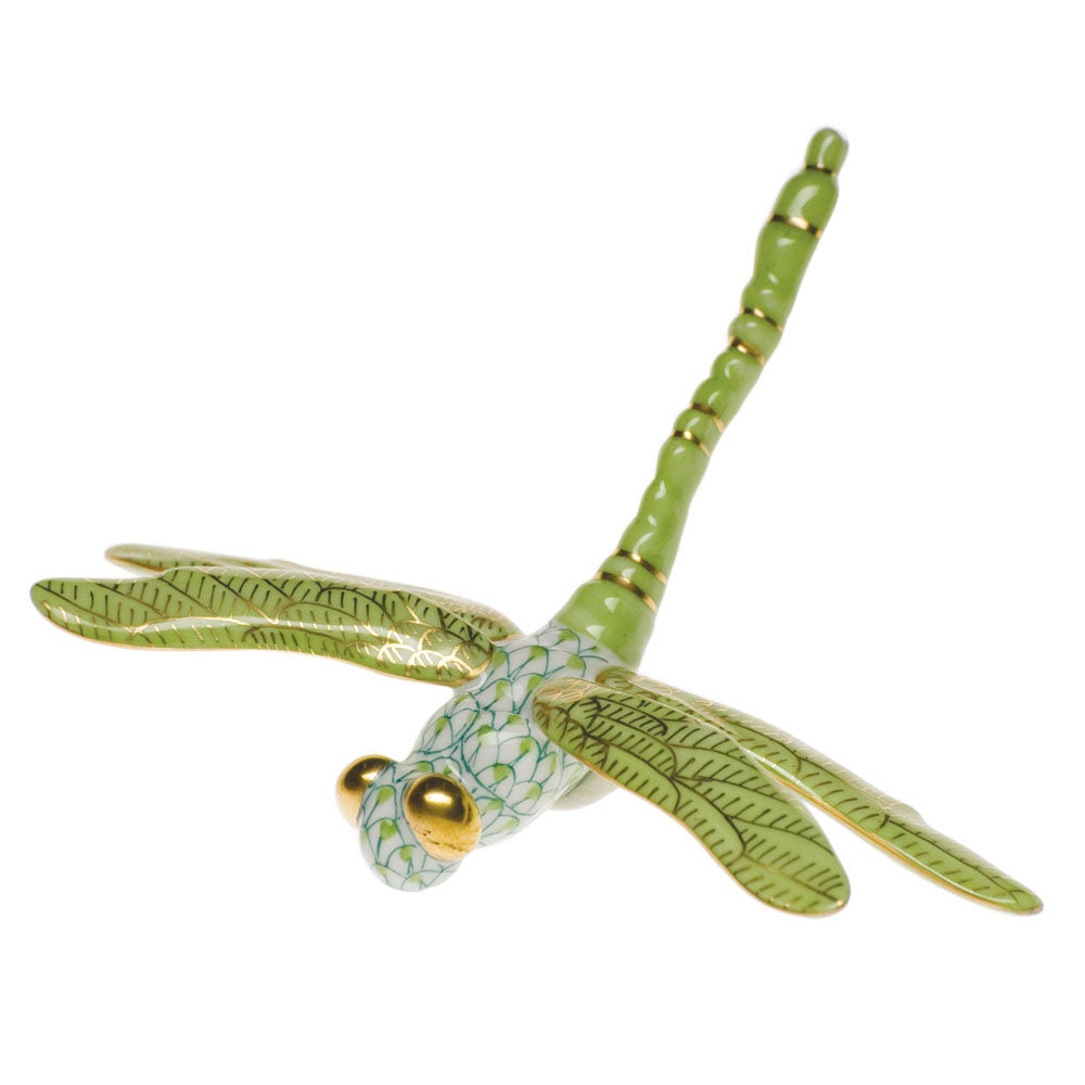 Hand-painted Herend Dragonfly Figurine in Key Lime fishnet porcelain on a white background