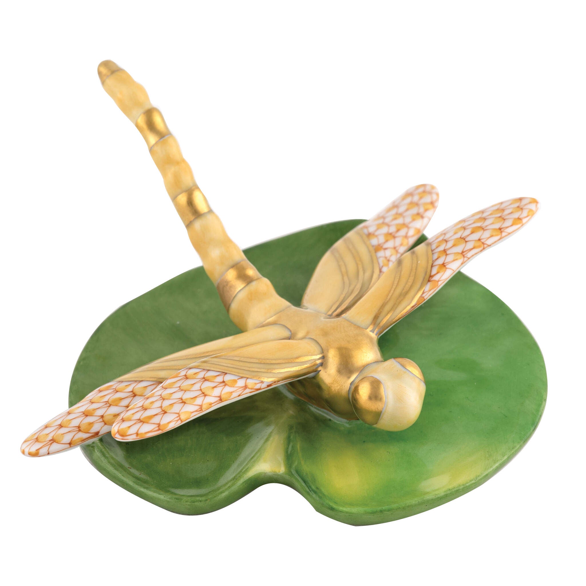Dragonfly on Lily Pad Figurine in hand-painted Butterscotch porcelain by Herend of Hungary