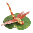 Hand-painted Herend Dragonfly on Lily Pad Figurine in Rust fishnet porcelain on a white background