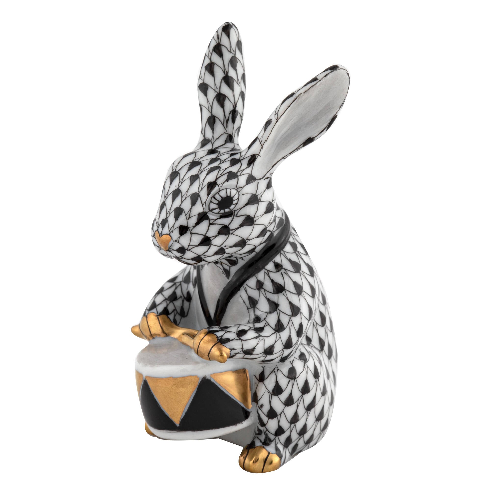 Herend Drummer Bunny Figurine porcelain figurine painted in the Black fishnet pattern