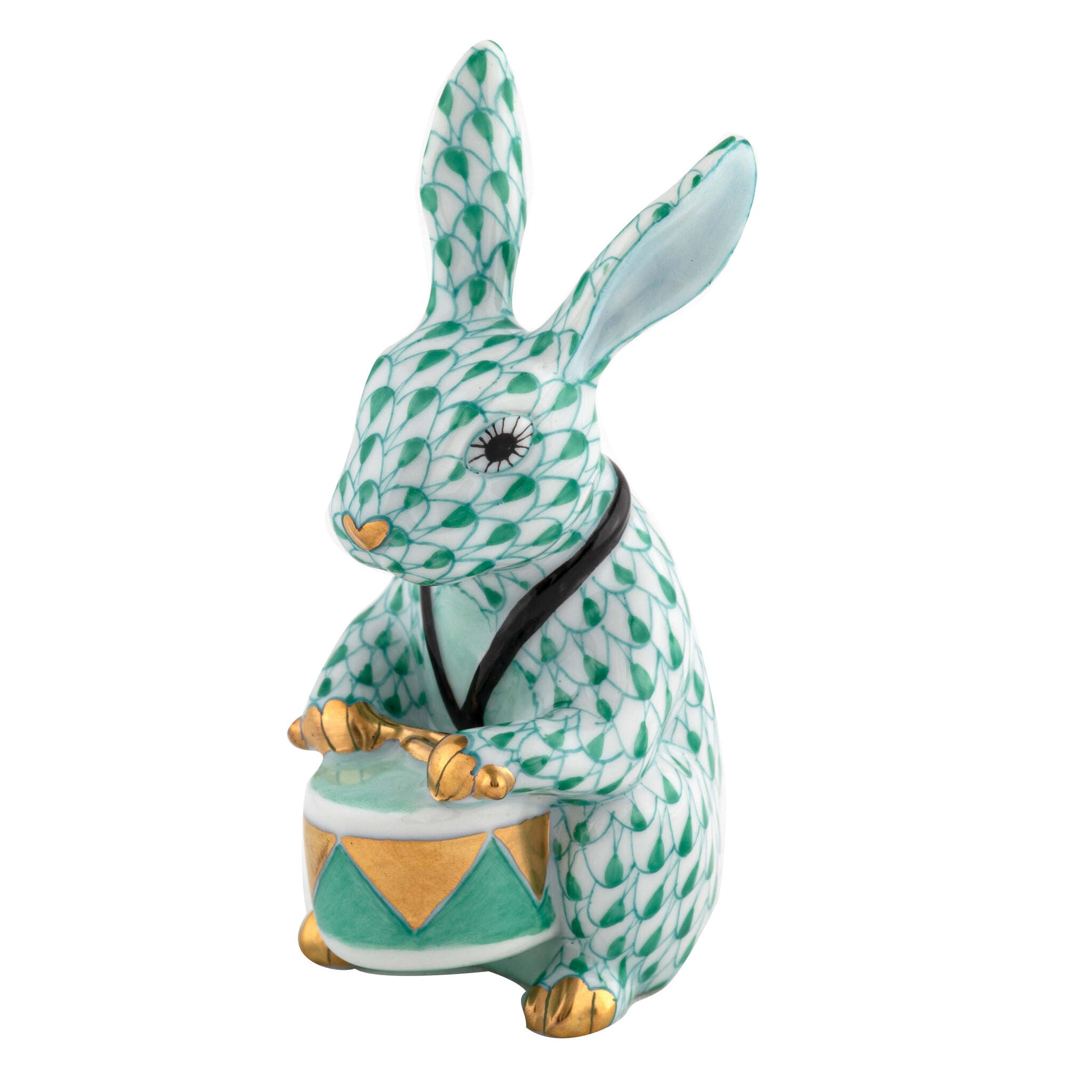 Herend Drummer Bunny Figurine porcelain figurine painted in the Green fishnet pattern