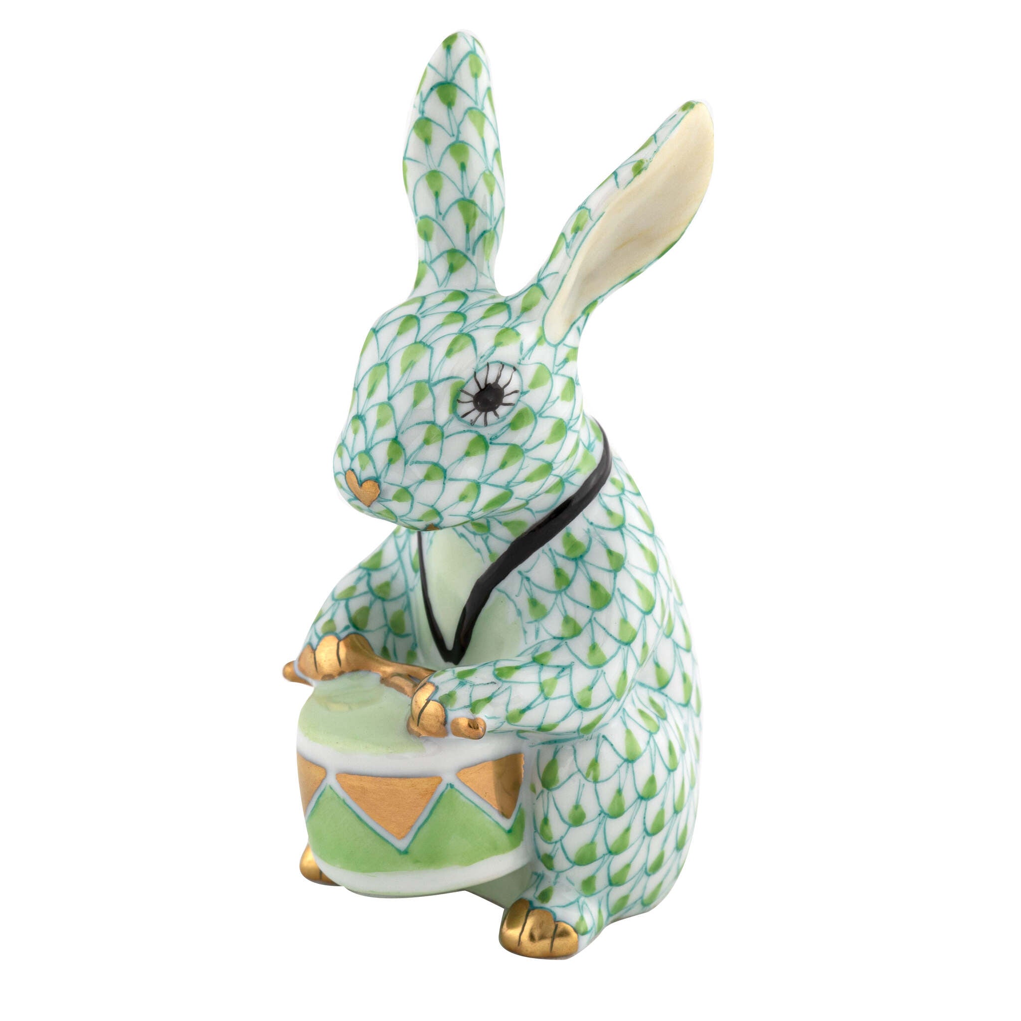 Hand-painted Herend Drummer Bunny Figurine in Key Lime fishnet porcelain on a white background