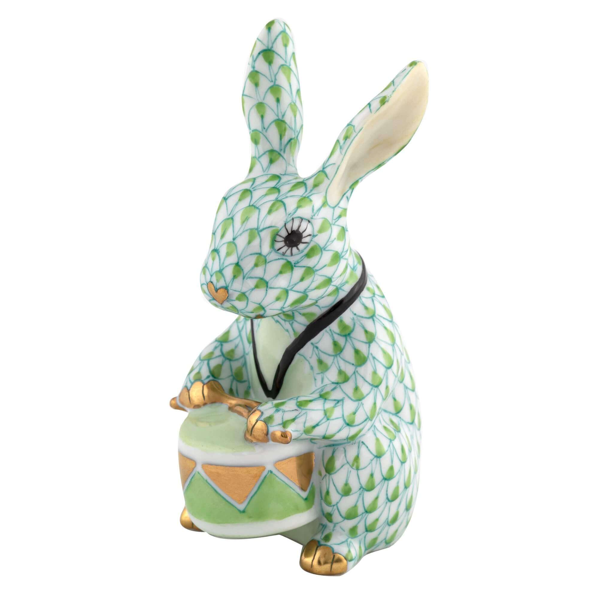 Herend Drummer Bunny figurine in Keylime with key lime green fishnet pattern with gold accents on a white background