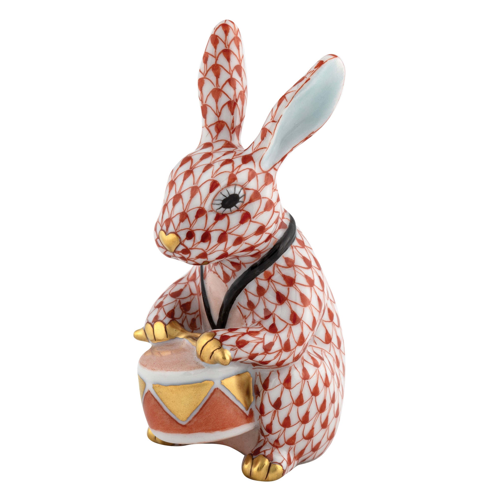 Drummer Bunny Figurine in hand-painted Rust porcelain by Herend of Hungary
