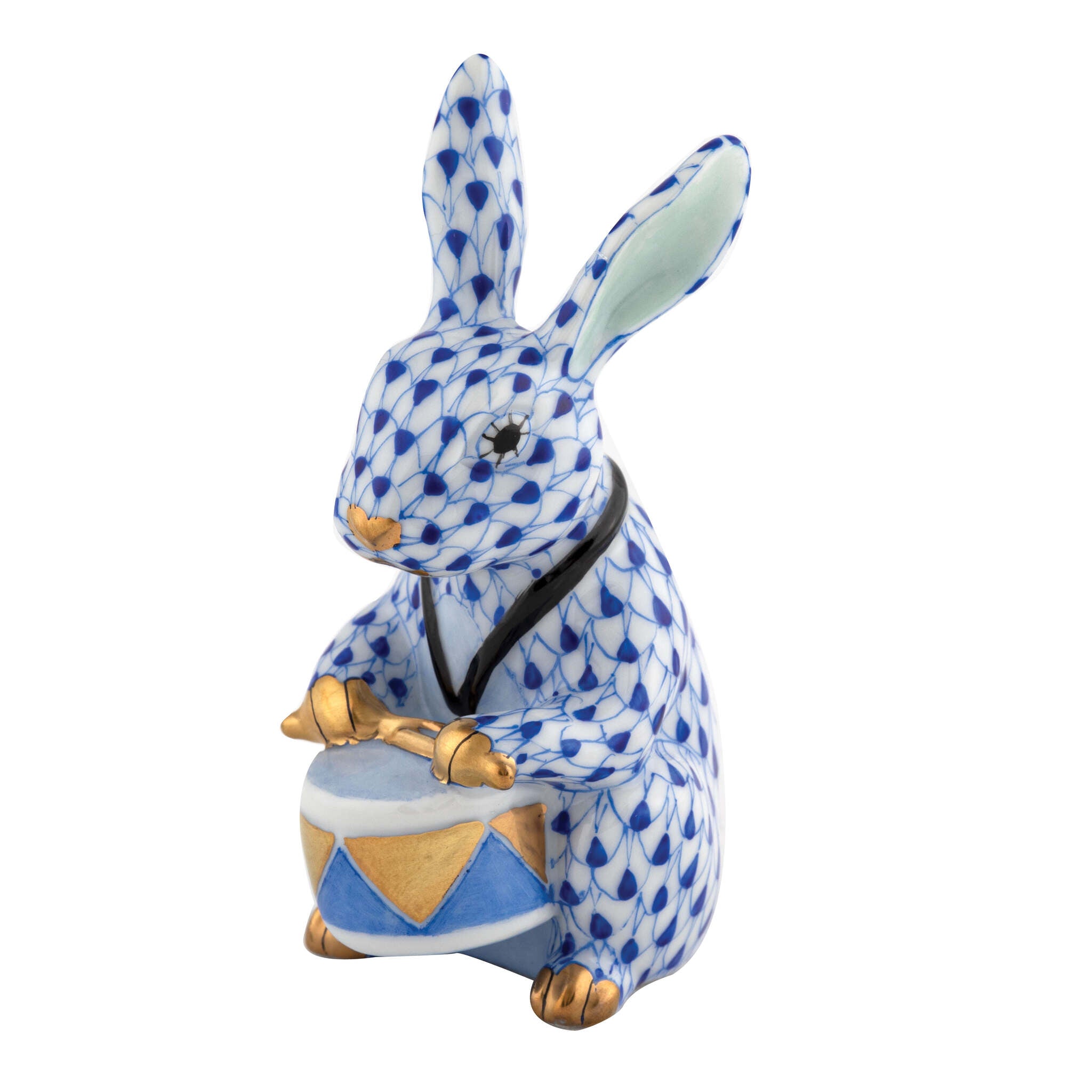 Herend Drummer Bunny Figurine porcelain figurine painted in the Sapphire fishnet pattern