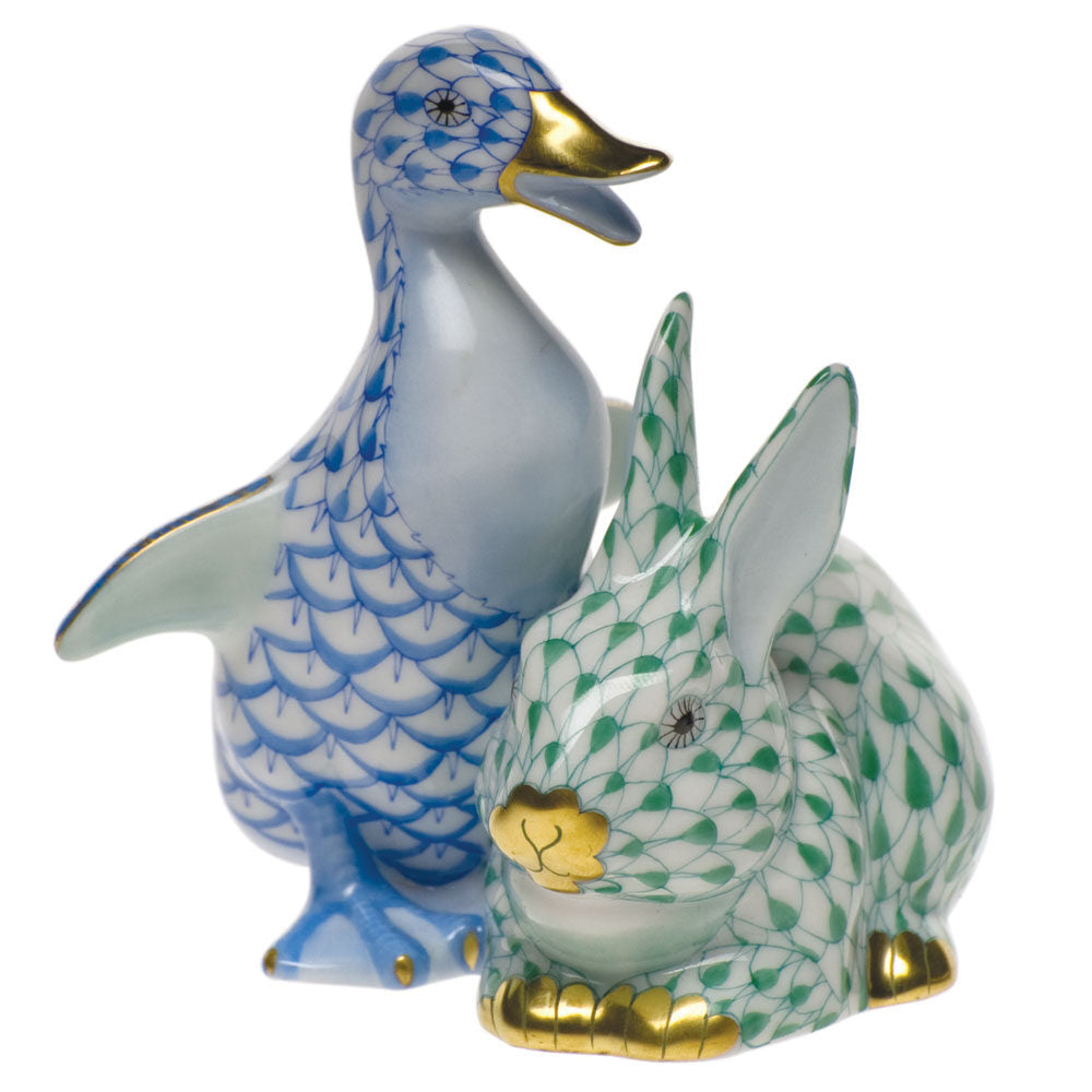 Blue-Green fishnet Duckling and Bunny Figurine figurine, hand-painted Herend porcelain with 24k gold accents