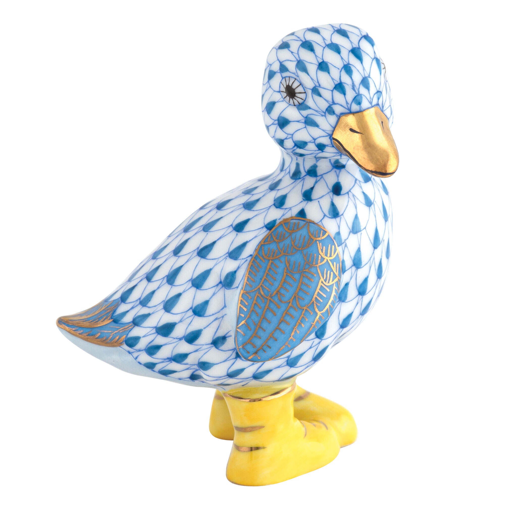 Blue fishnet Duckling in Boots Figurine figurine, hand-painted Herend porcelain with 24k gold accents