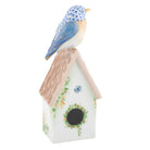 Hand-painted Herend Eastern Bluebird on House Figurine in fine porcelain, 2.25in L X 2.75in W X 6.75in H, on a white background