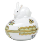 Hand-painted Herend Egg Bonbon with Bunny Candy Dish in fine porcelain, 3in L X 2.25in W X 3in H, on a white background
