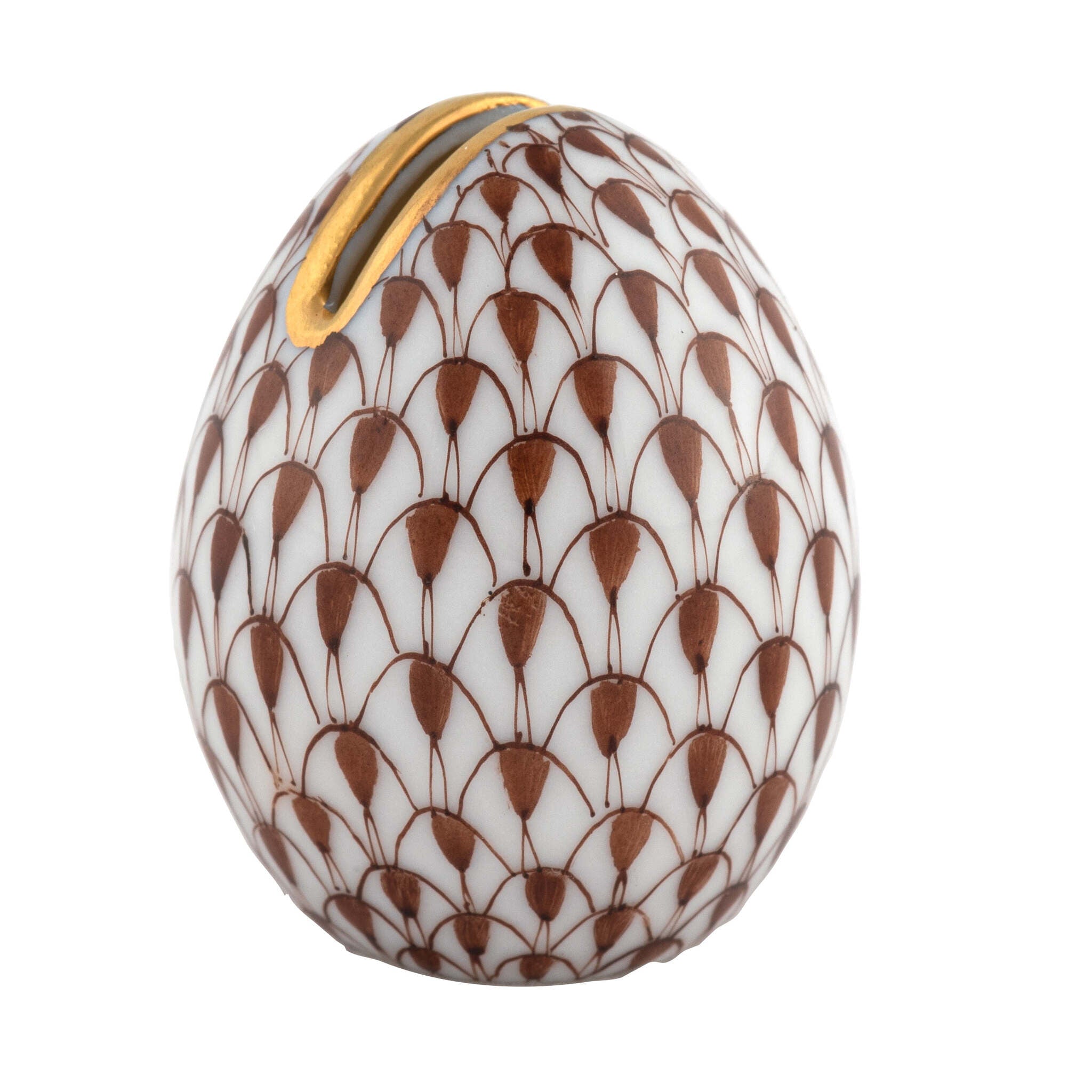 Herend Egg Place Card Holder porcelain figurine painted in the Chocolate fishnet pattern
