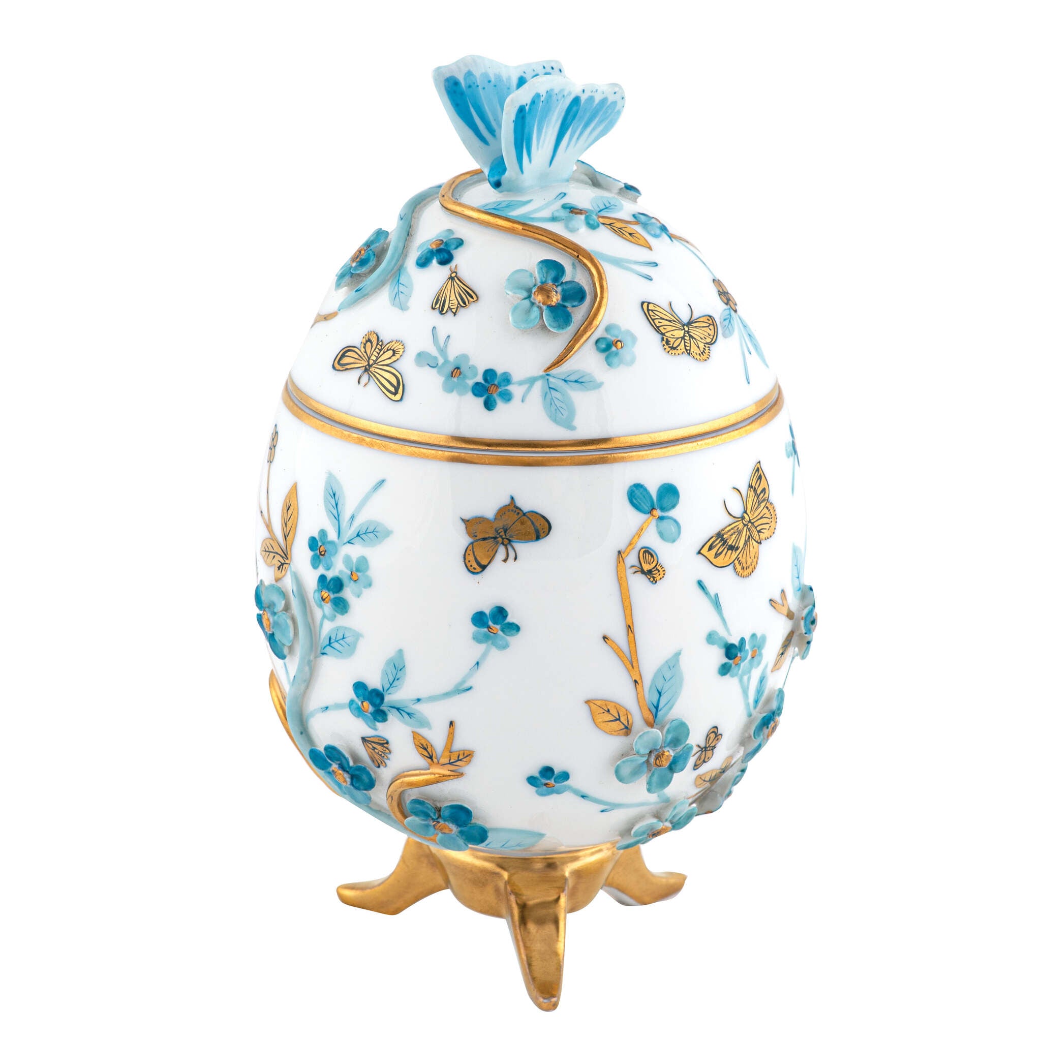Hand-painted Herend Egg with Flowers- Blue Decorative Box in fine porcelain, 3.75in L X 3.5in W X 6in H, on a white background