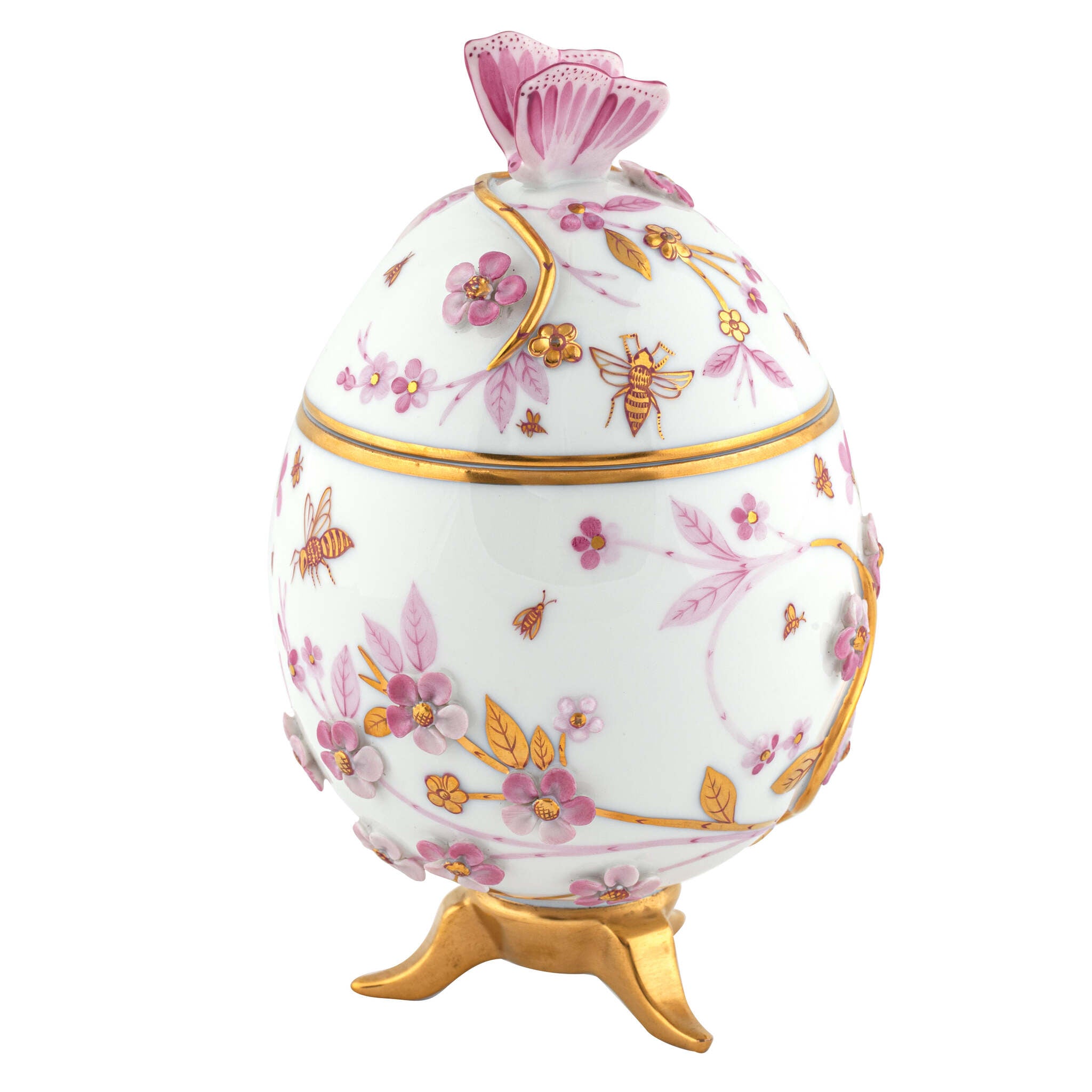 Hand-painted Herend Egg with Flowers- Raspberry Decorative Box in fine porcelain, 3.75in L X 3.5in W X 6in H, on a white background