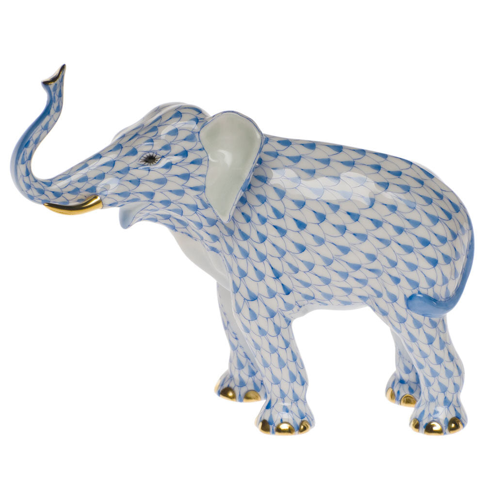 Hand-painted Herend Elephant Luck Figurine in Blue fishnet porcelain on a white background