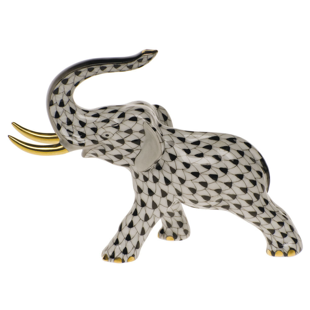Hand-painted Herend Elephant with Tusks Figurine in Black fishnet porcelain on a white background