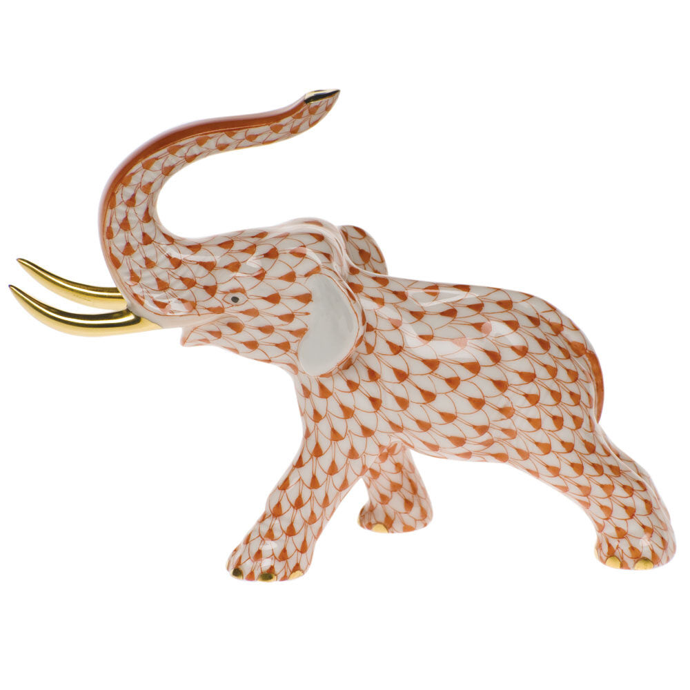 Herend Elephant with Tusks Figurine porcelain figurine painted in the Rust fishnet pattern