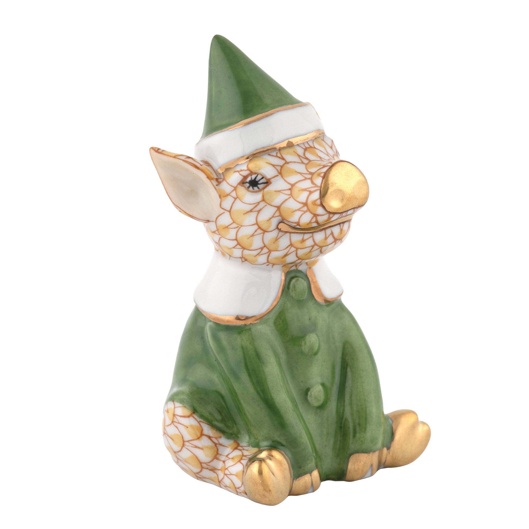 Hand-painted Herend Elf Piggy Figurine in Butterscotch fishnet porcelain on a white background