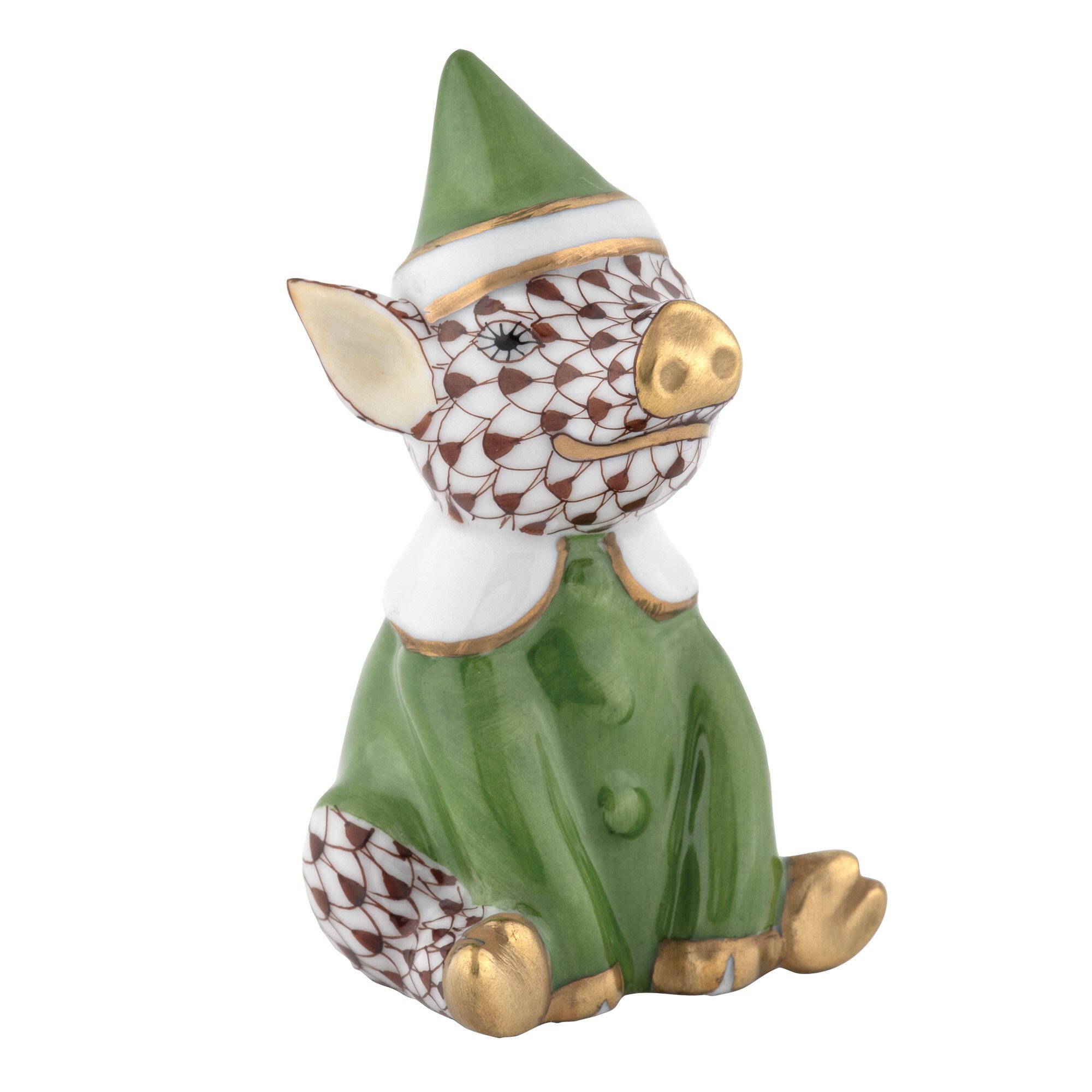 Herend Elf Piggy Figurine porcelain figurine painted in the Chocolate fishnet pattern