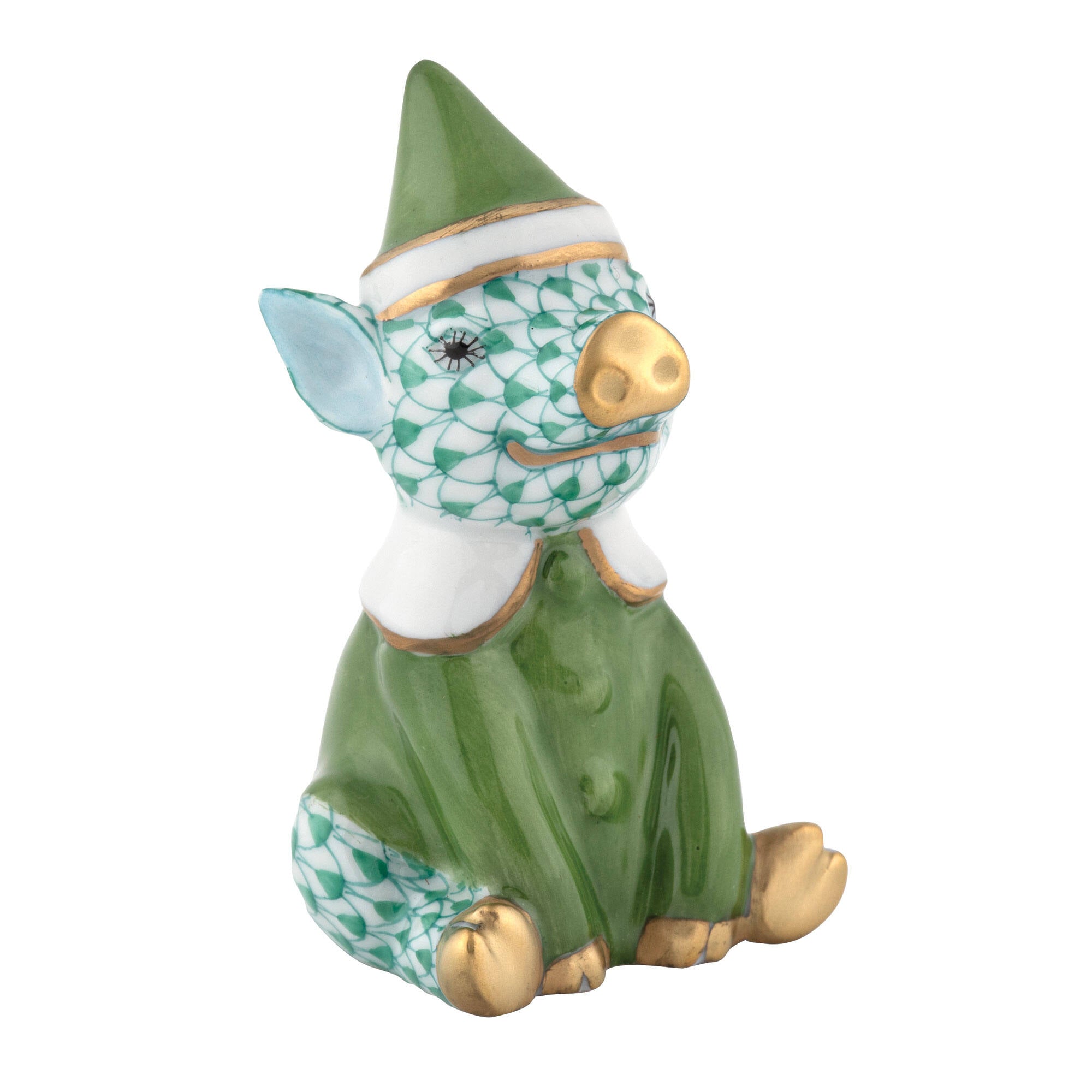 Green fishnet Elf Piggy Figurine figurine, hand-painted Herend porcelain with 24k gold accents