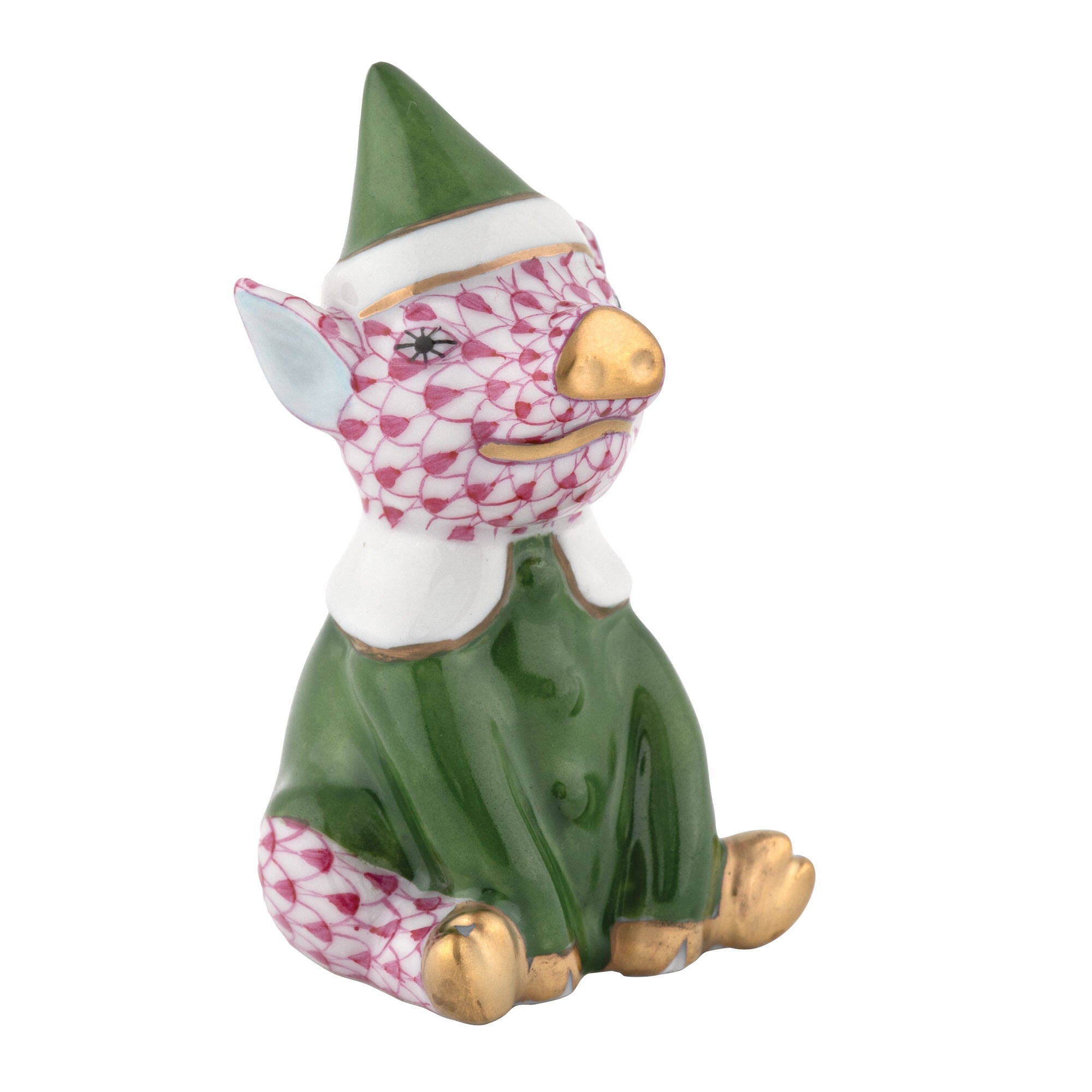 Herend Elf Piggy Figurine porcelain figurine painted in the Raspberry fishnet pattern
