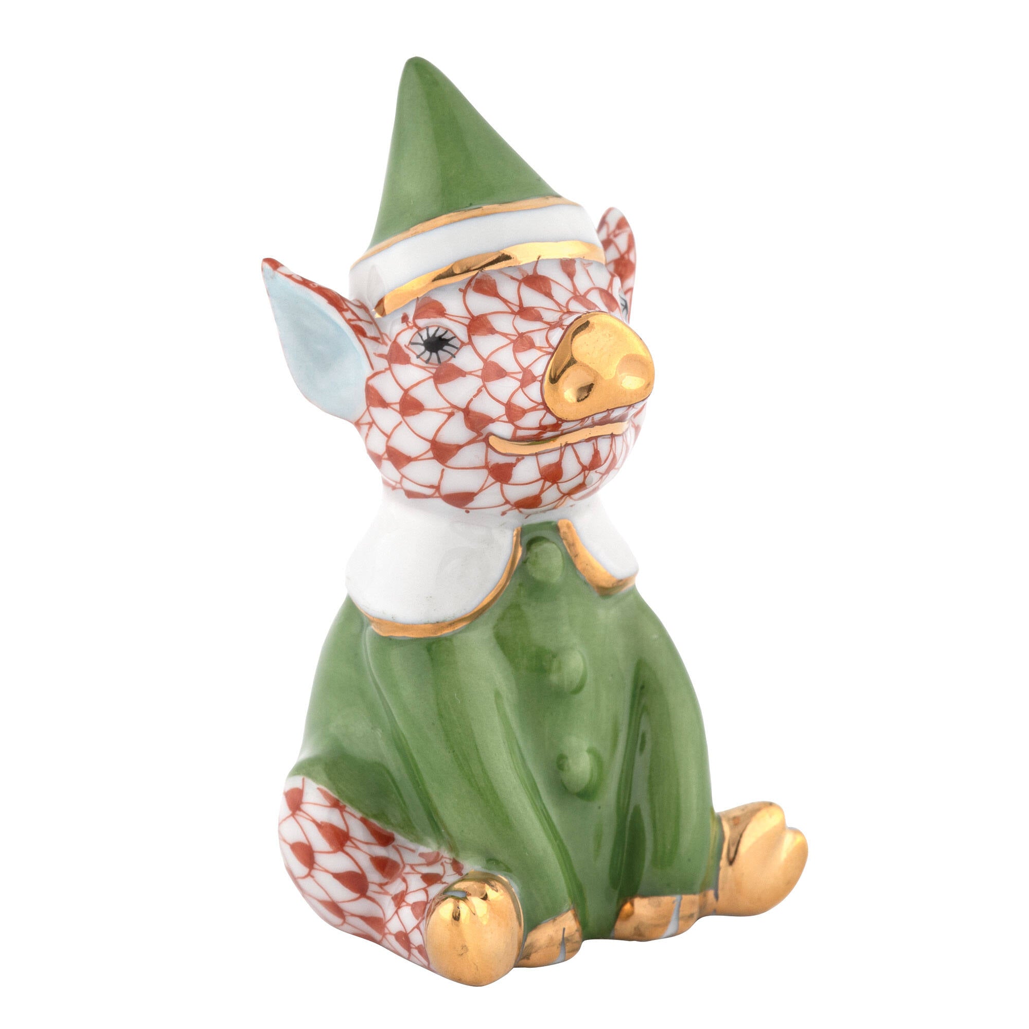 Rust fishnet Elf Piggy Figurine figurine, hand-painted Herend porcelain with 24k gold accents