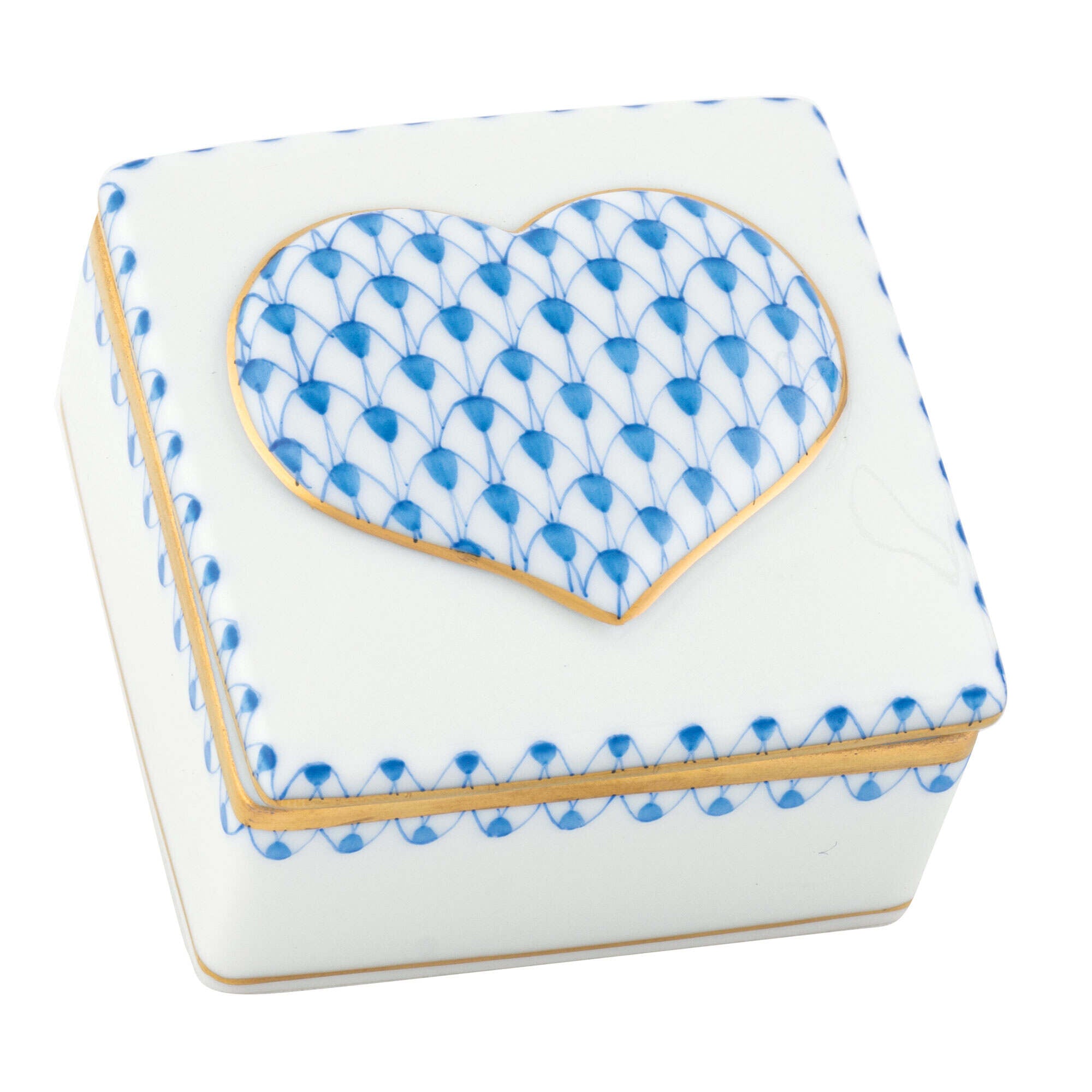 Hand-painted Herend Embossed Heart Box in Blue fishnet porcelain on a white background
