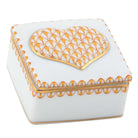 Hand-painted Herend Embossed Heart Box in Butterscotch fishnet porcelain on a white background