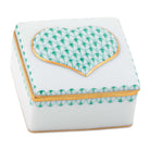 Hand-painted Herend Embossed Heart Box in Green fishnet porcelain on a white background