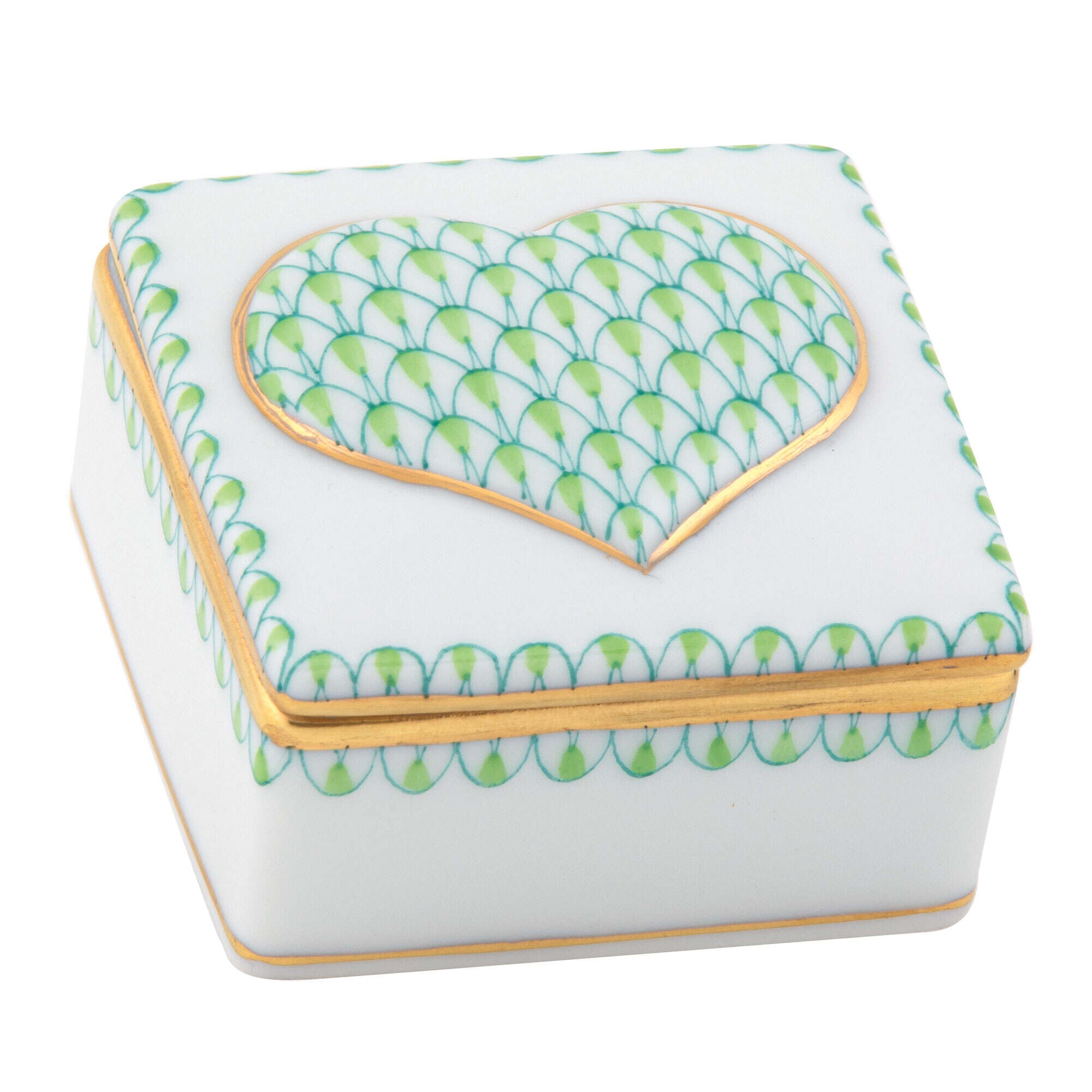Herend Embossed Heart Box porcelain figurine painted in the Key Lime fishnet pattern