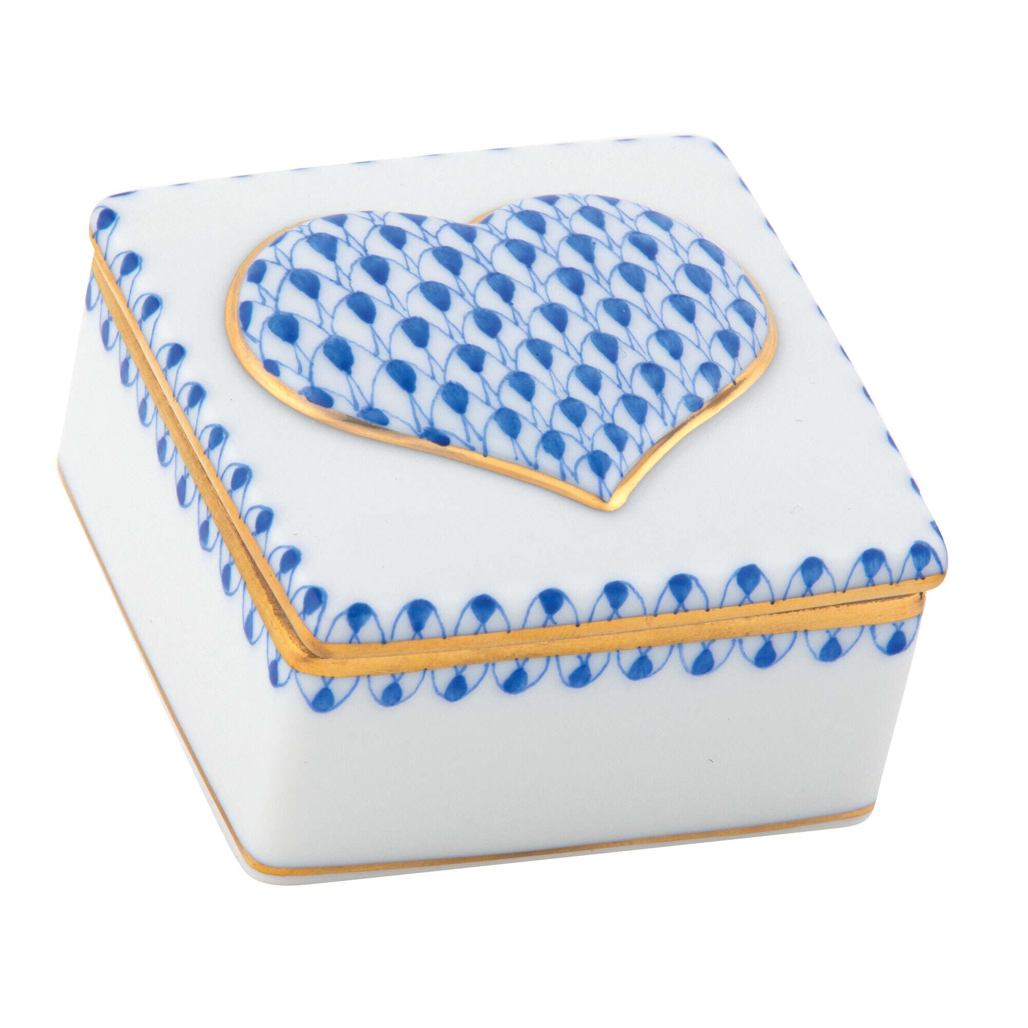 Hand-painted Herend Embossed Heart Box in Sapphire fishnet porcelain on a white background