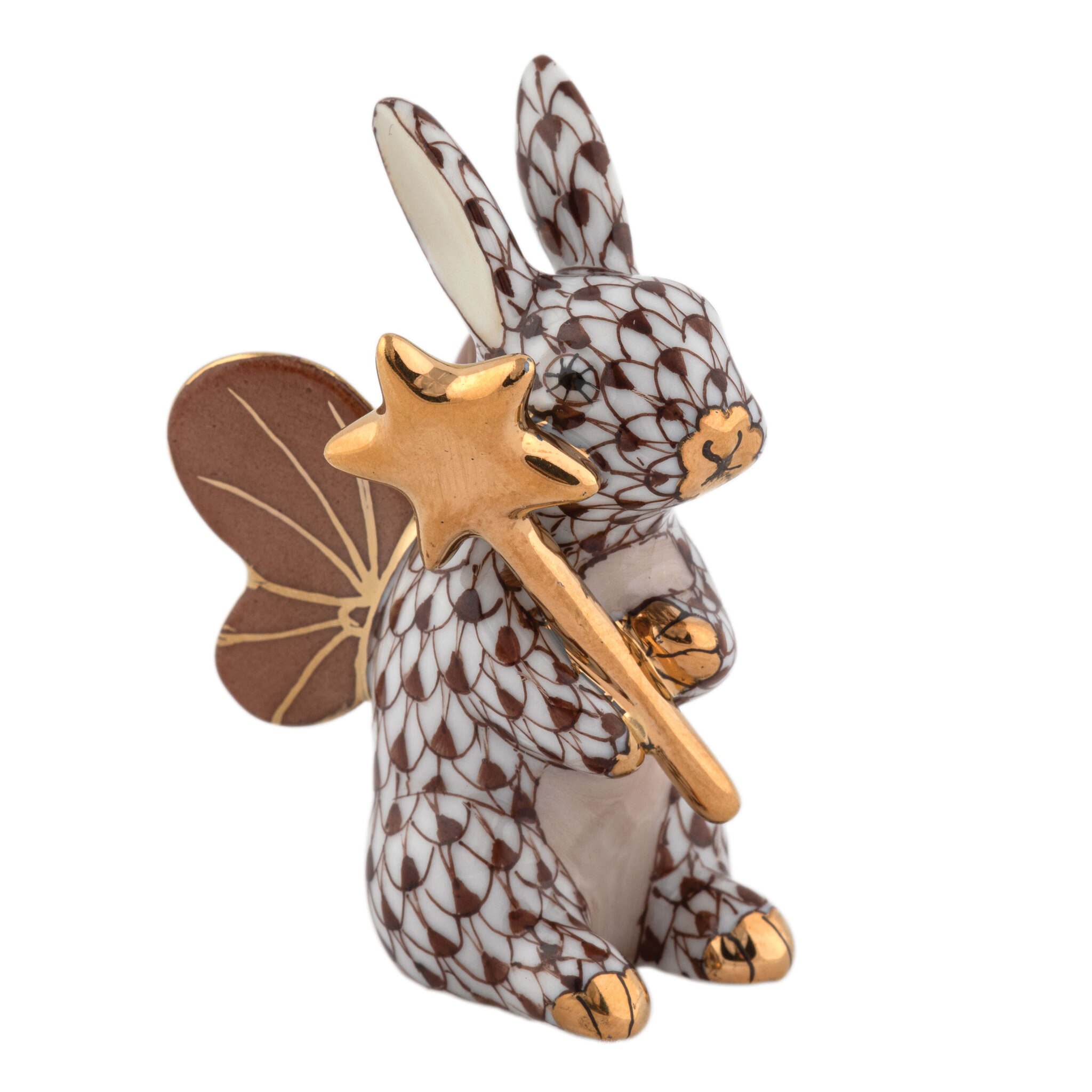Herend Fairy Bunny Figurine porcelain figurine painted in the Chocolate fishnet pattern