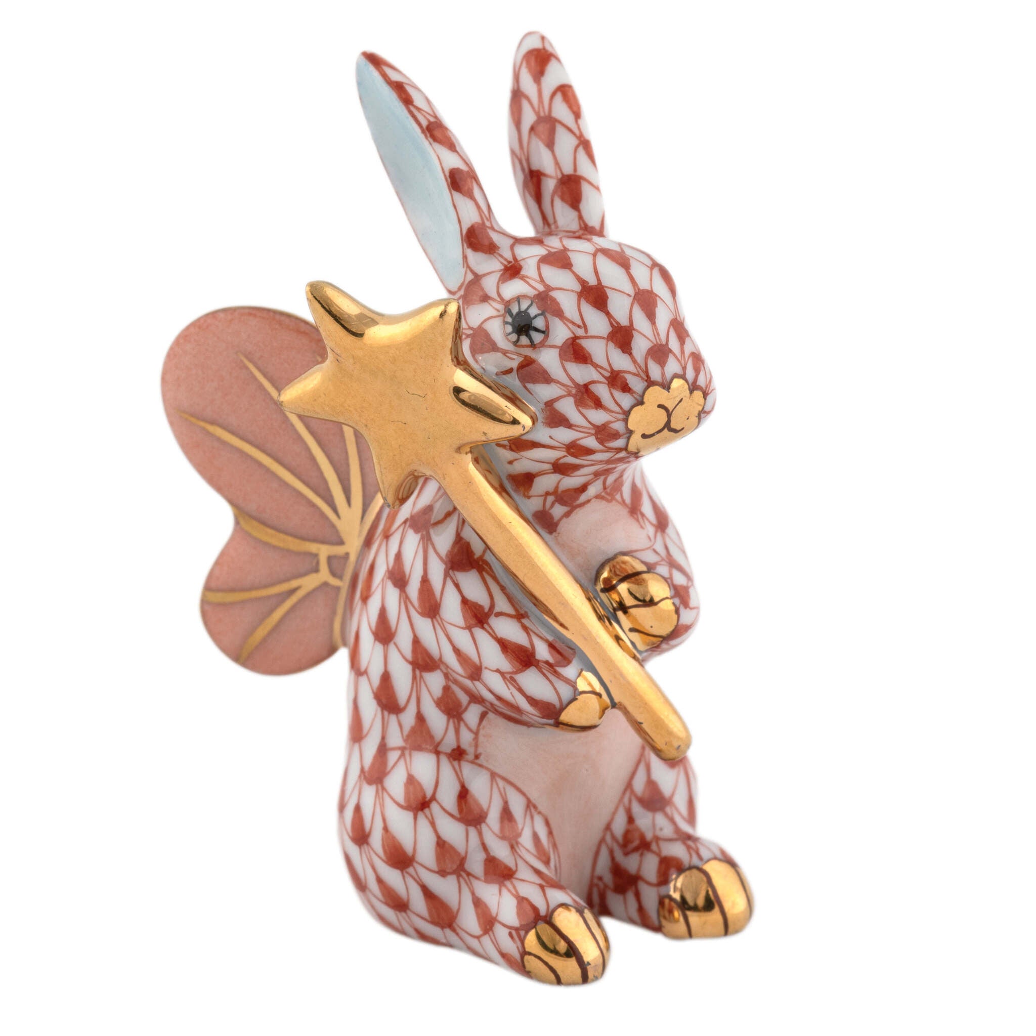 Hand-painted Herend Fairy Bunny Figurine in Rust fishnet porcelain on a white background