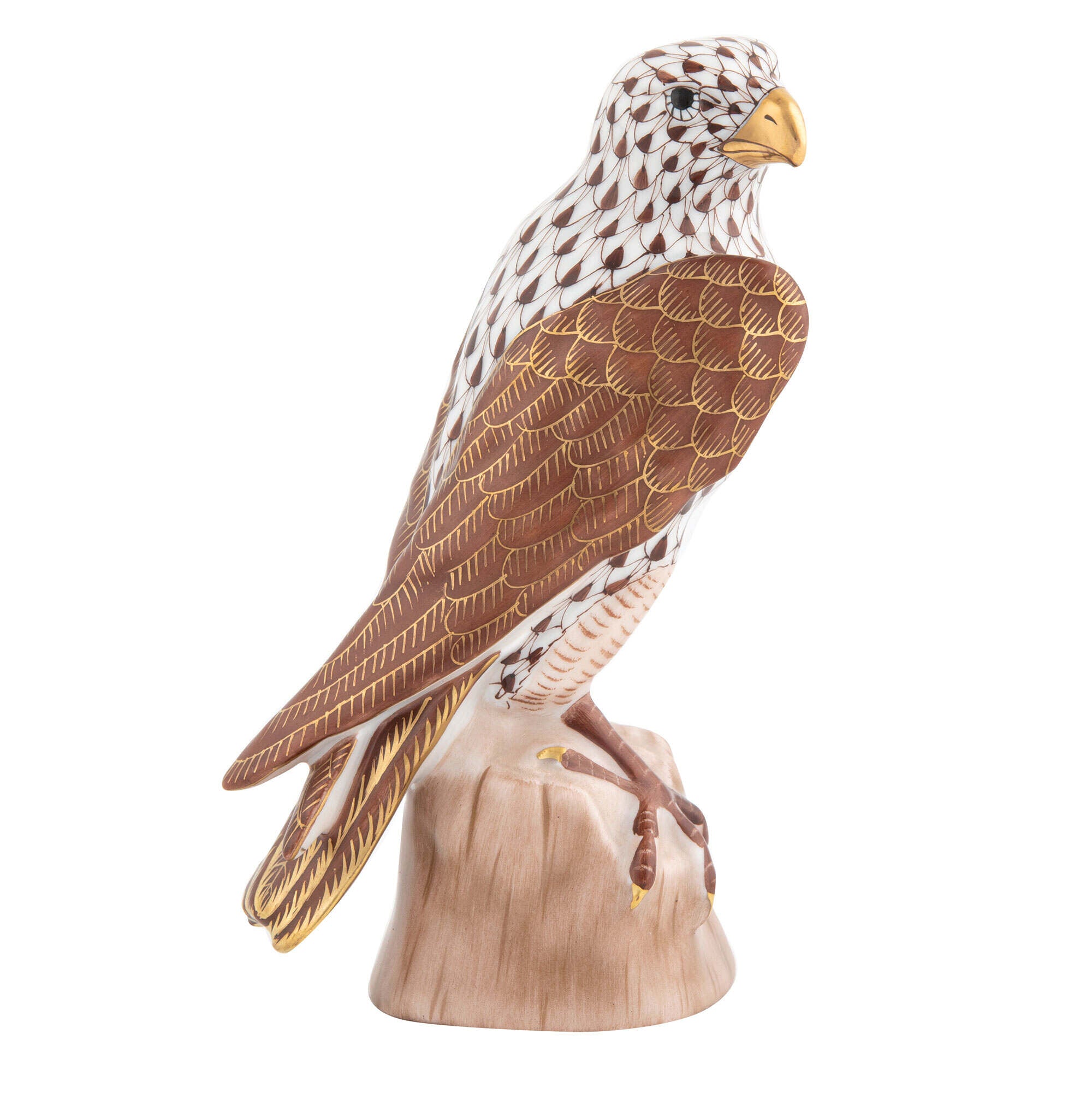 Hand-painted Herend Falcon Figurine in Chocolate fishnet porcelain on a white background