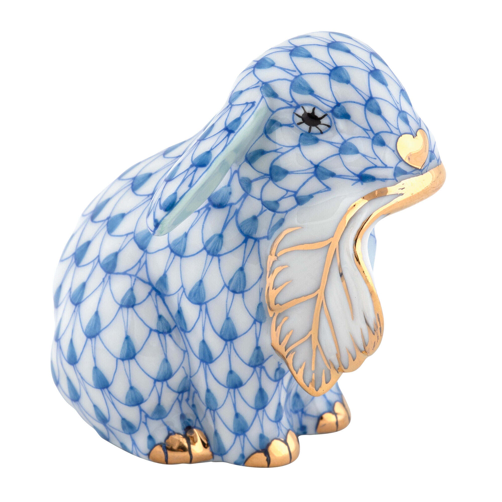 Blue fishnet Fall Bunny Figurine figurine, hand-painted Herend porcelain with 24k gold accents