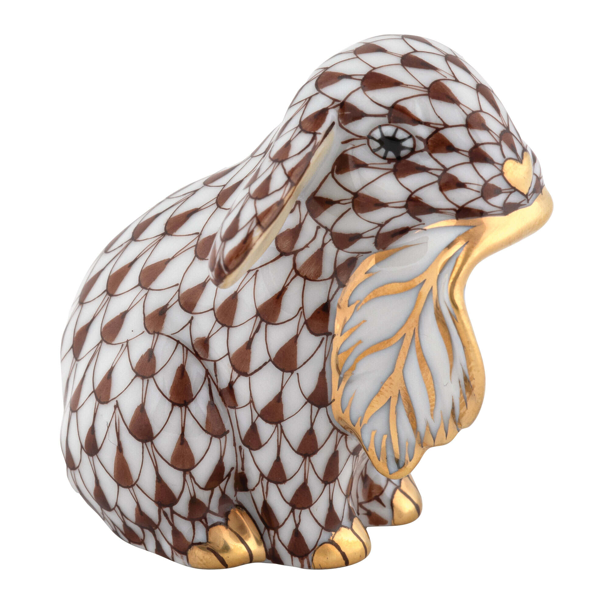 Hand-painted Herend Fall Bunny Figurine in Chocolate fishnet porcelain on a white background