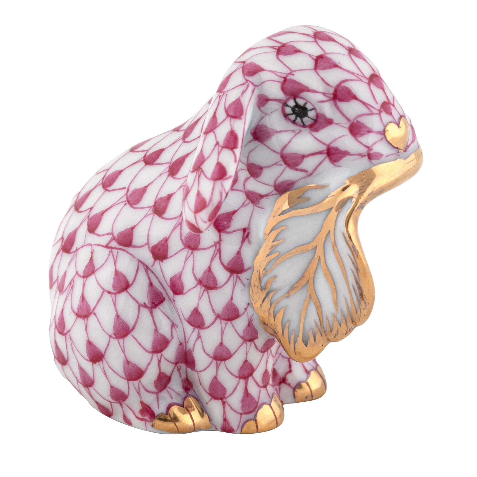Herend Fall Bunny Figurine porcelain figurine painted in the Raspberry fishnet pattern